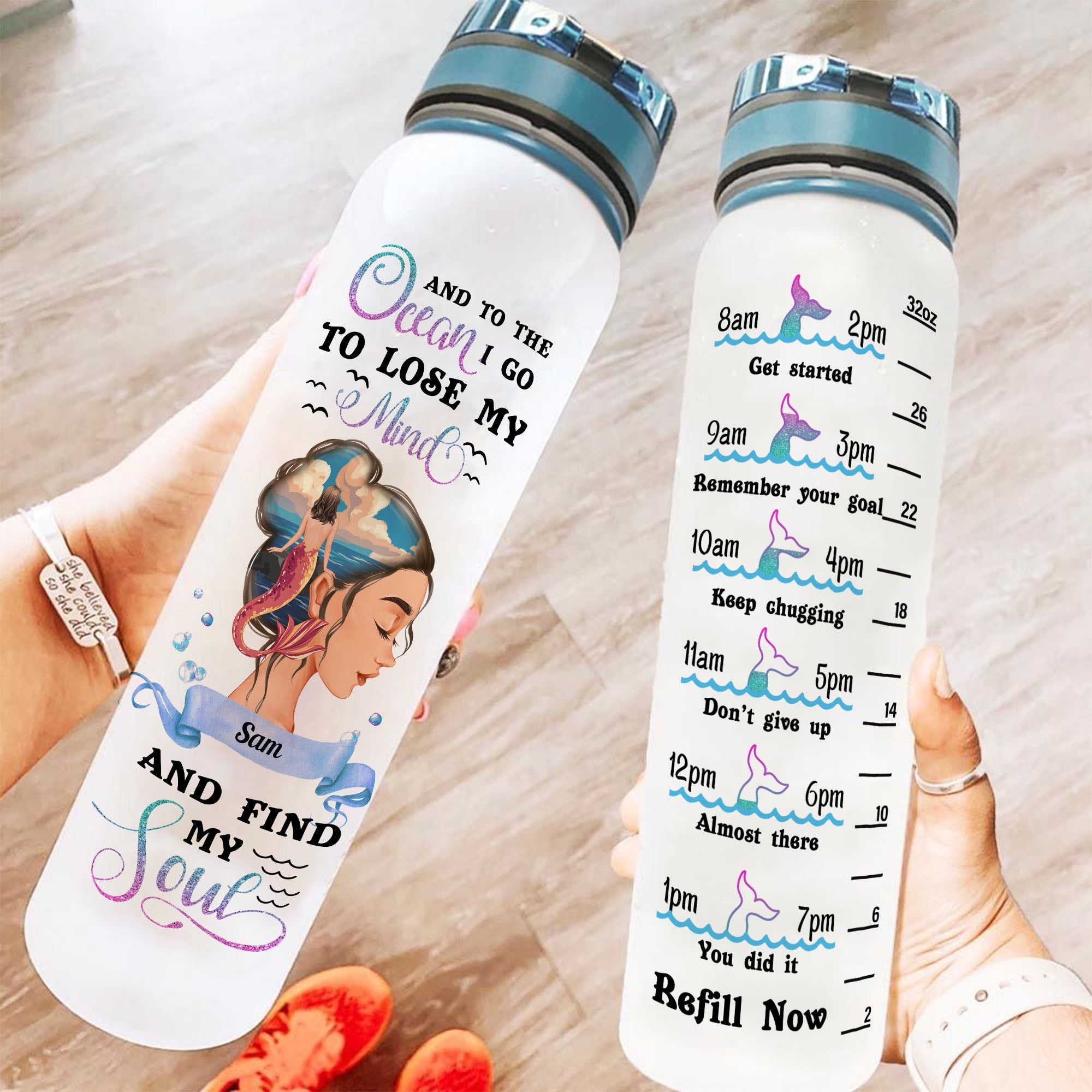 Mermaid - Lose My Mind And Find My Soul - Personalized Water Tracker Bottle - Birthday, Motivational Gift For Her, Mermaid Lovers