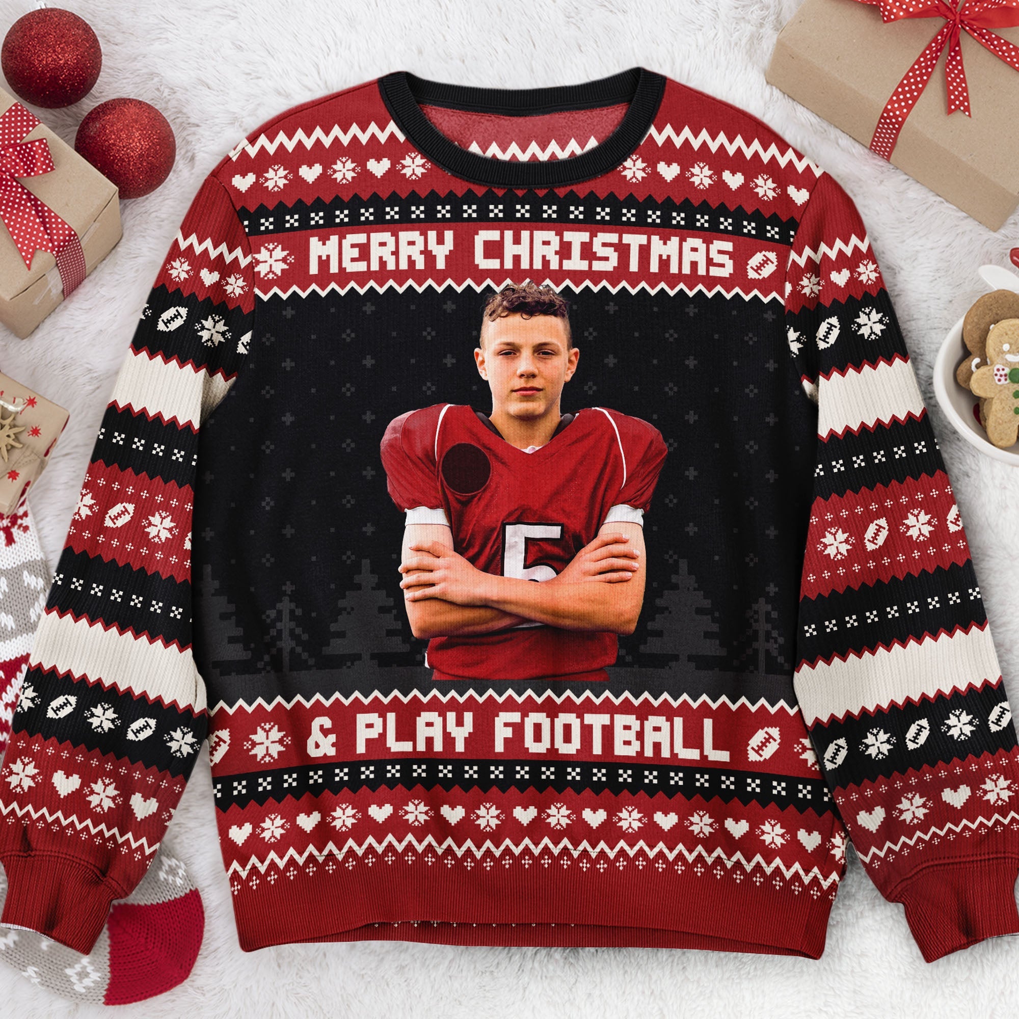 Merry Christmas And Play Football - Personalized Photo Ugly Sweater