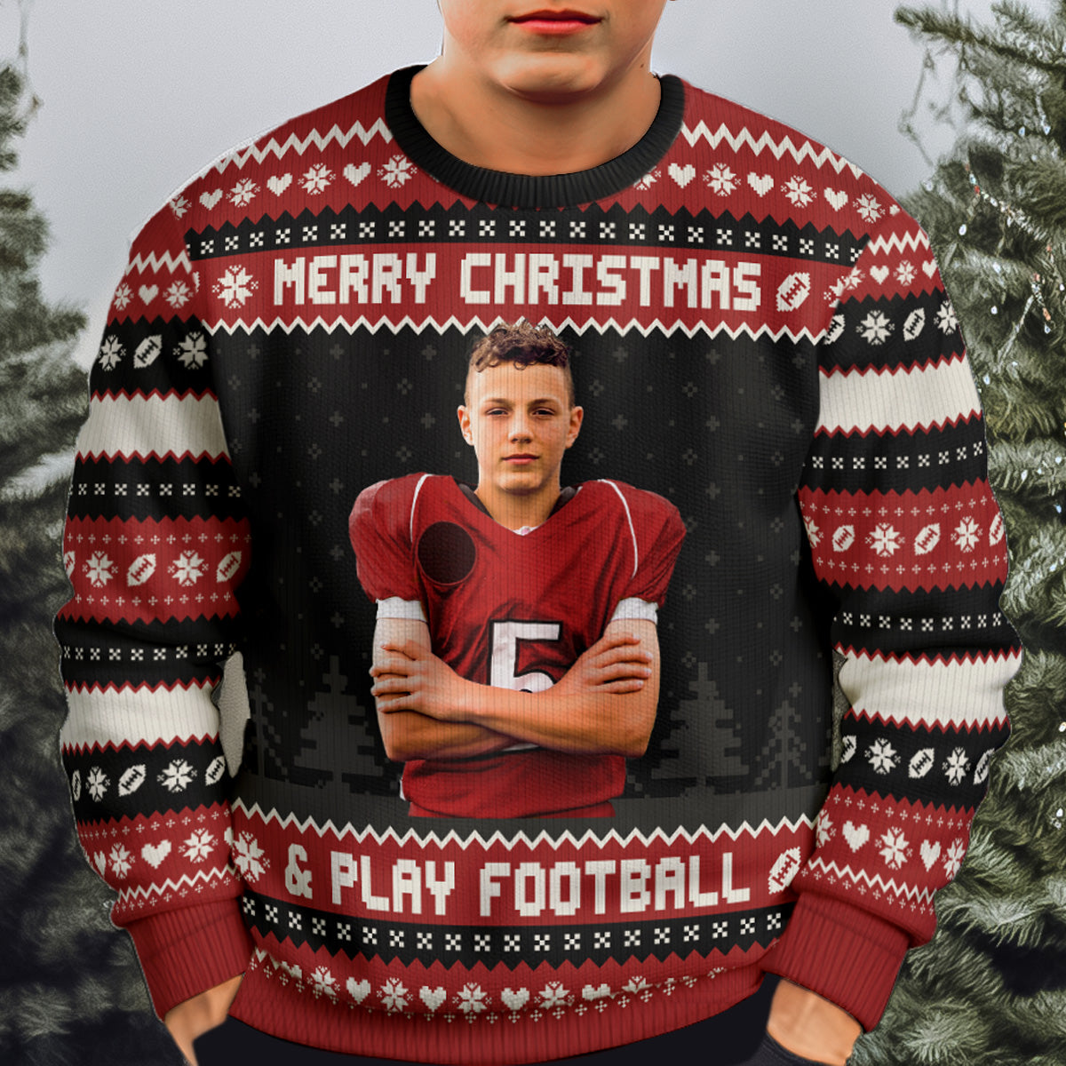 Merry Christmas And Play Football - Personalized Photo Ugly Sweater