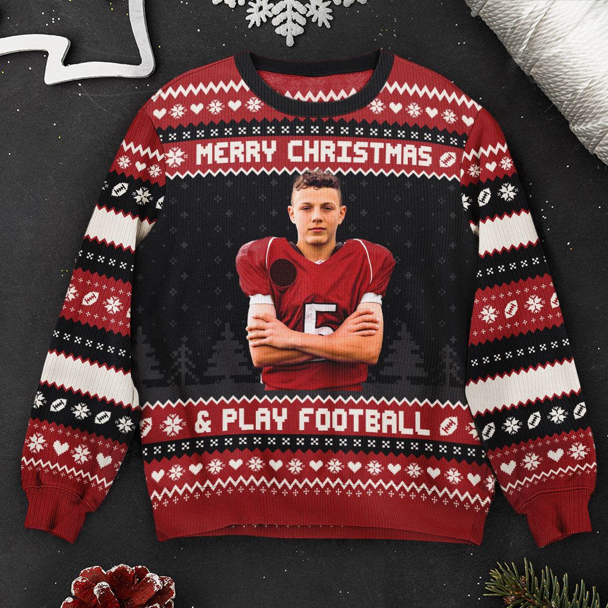 Merry Christmas And Play Football - Personalized Photo Ugly Sweater