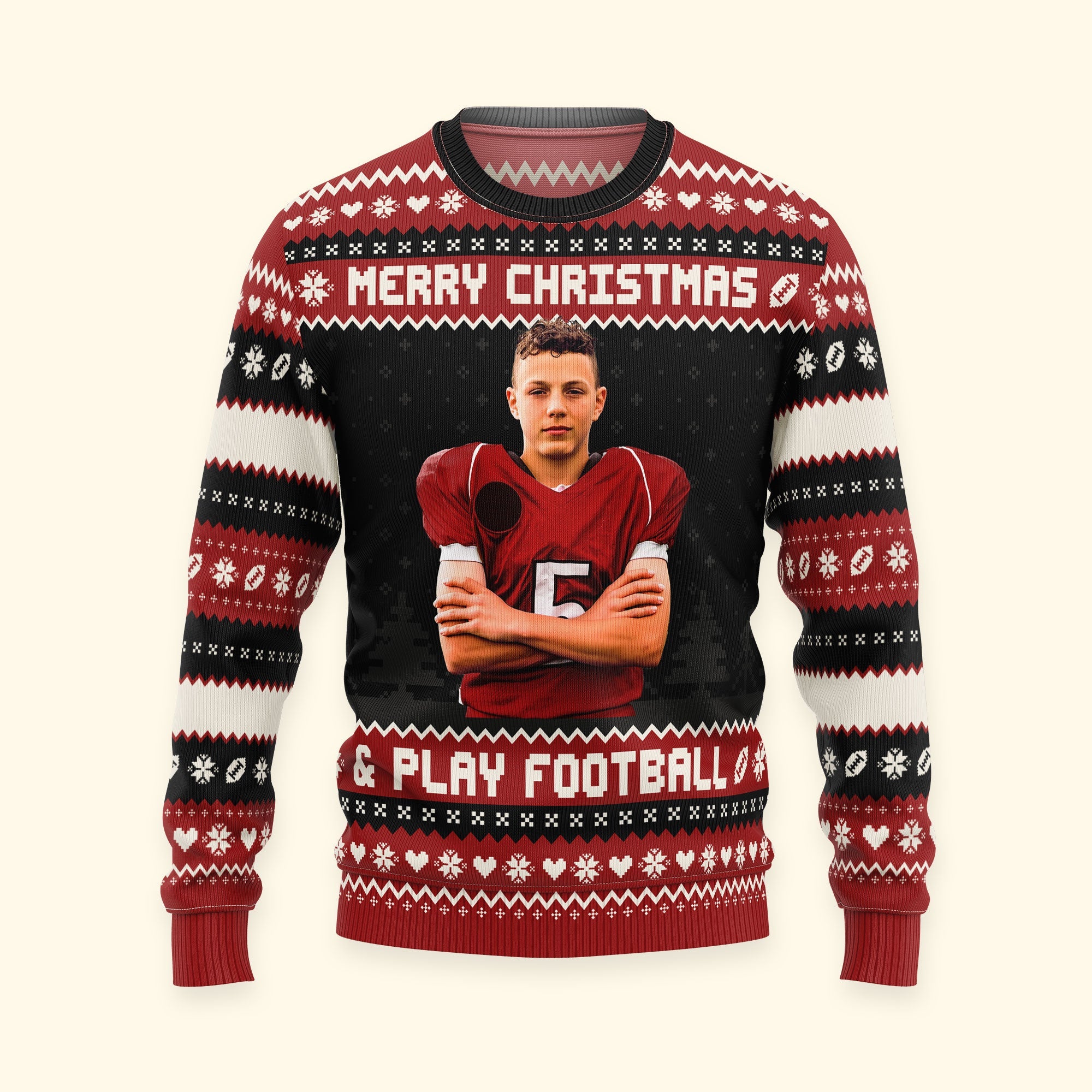 Merry Christmas And Play Football - Personalized Photo Ugly Sweater