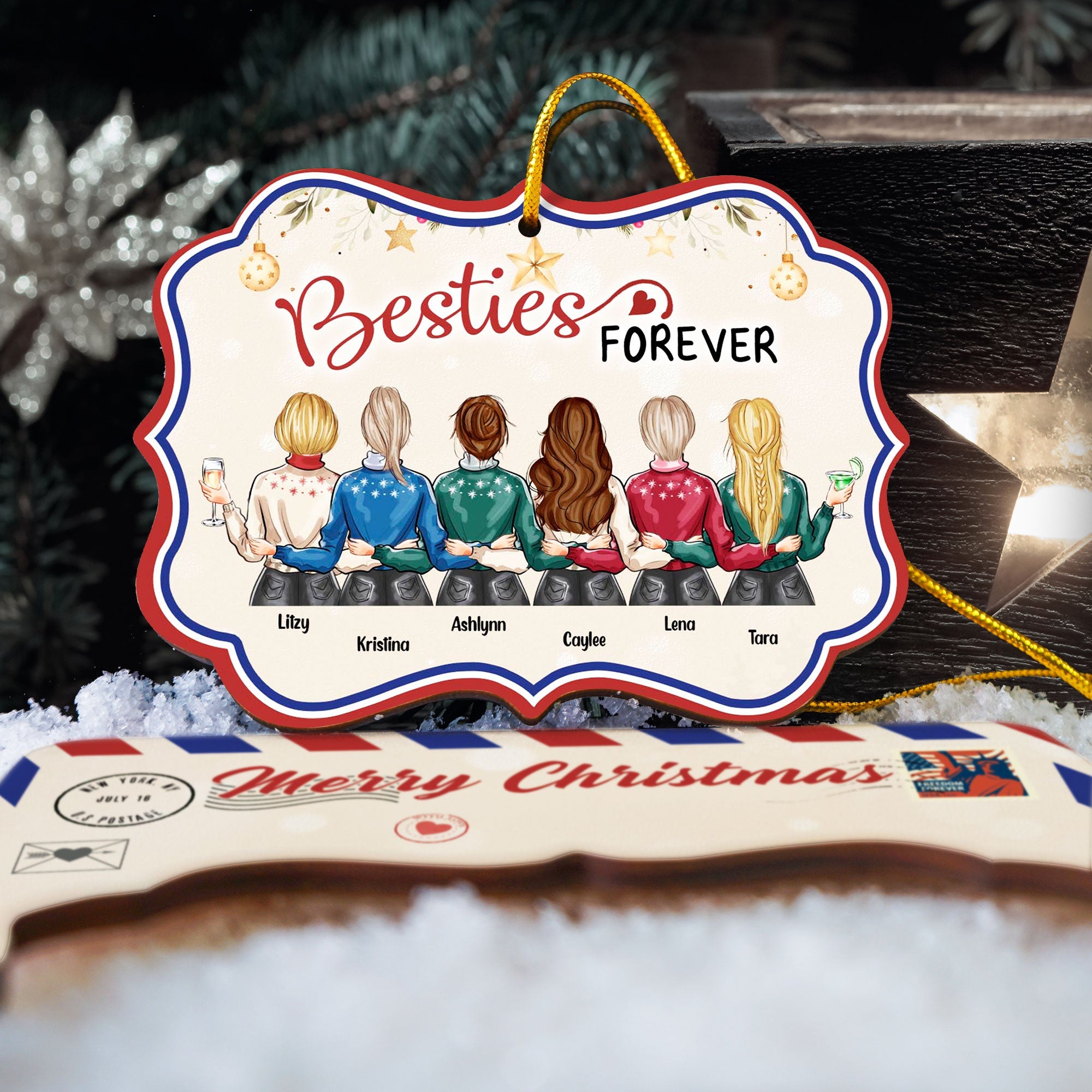 Merry Christmas My Besties - Personalized Wooden Card With Pop Out Ornament - Christmas Gifts For Besties, BFF, Sisters, Sistas