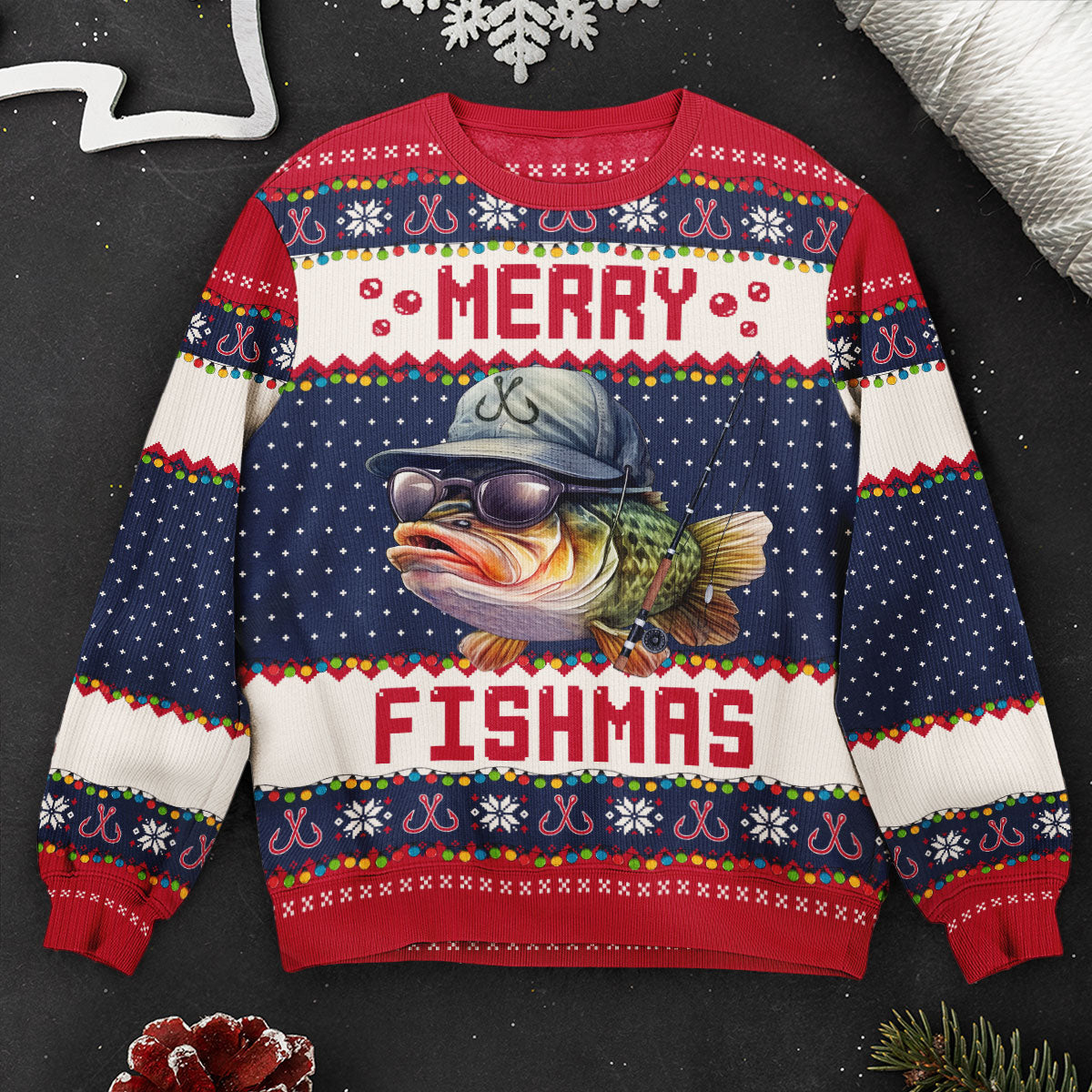 Merry Fishmas For Fishing Dad, Grandpa - Personalized Ugly Sweater