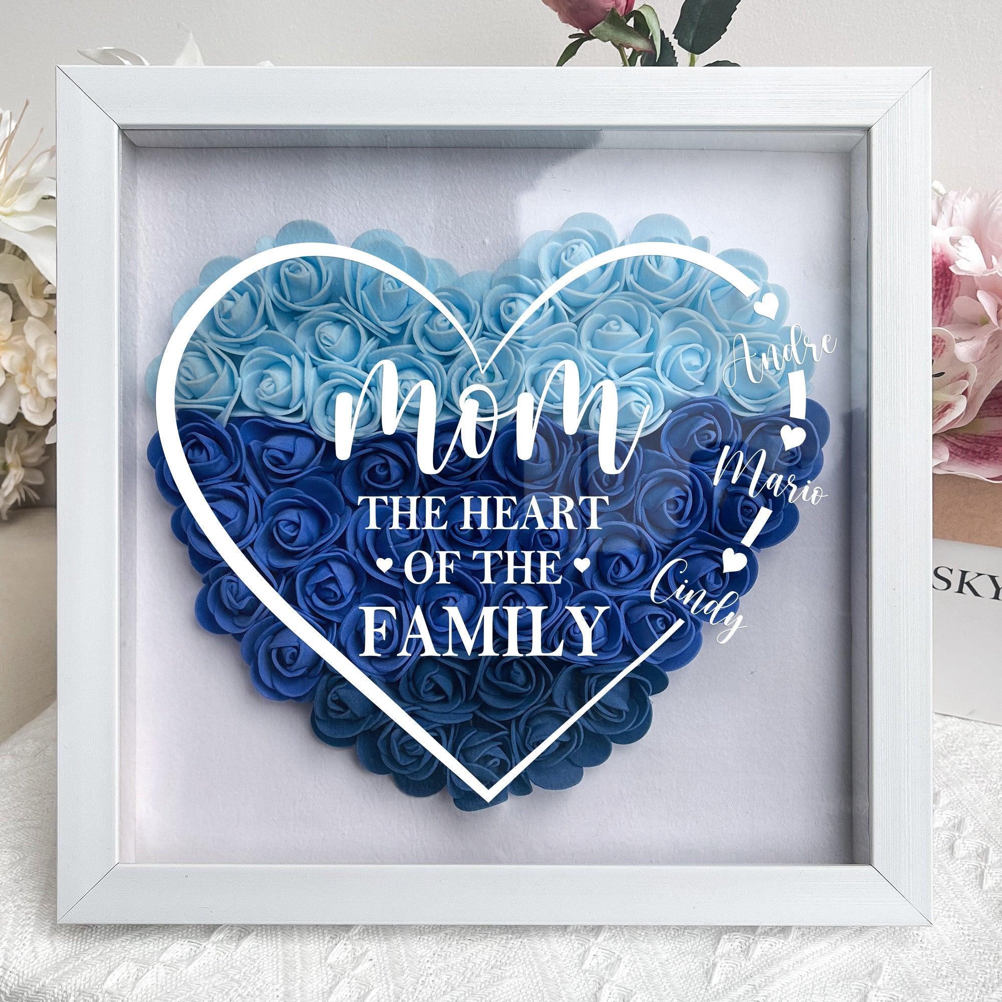 Mom The Heart Of The Family - Personalized Flower Shadow Box