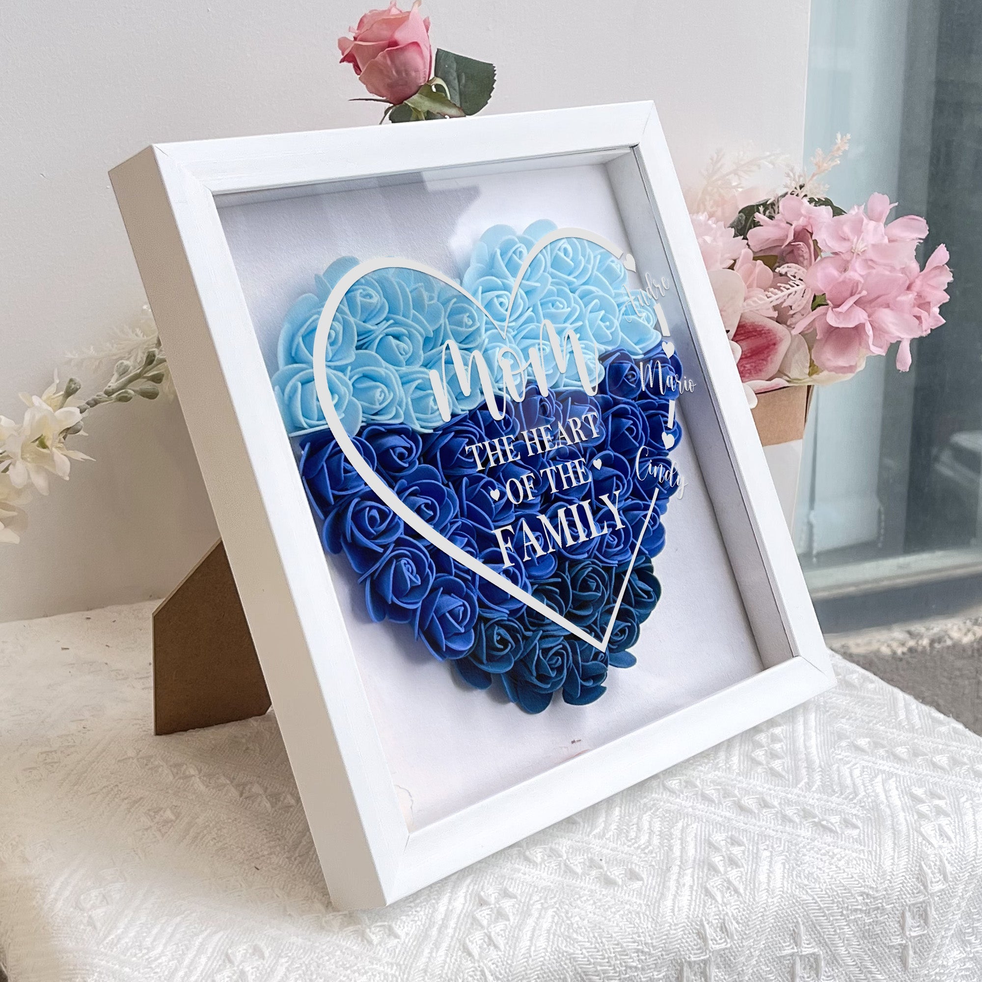 Mom The Heart Of The Family - Personalized Flower Shadow Box