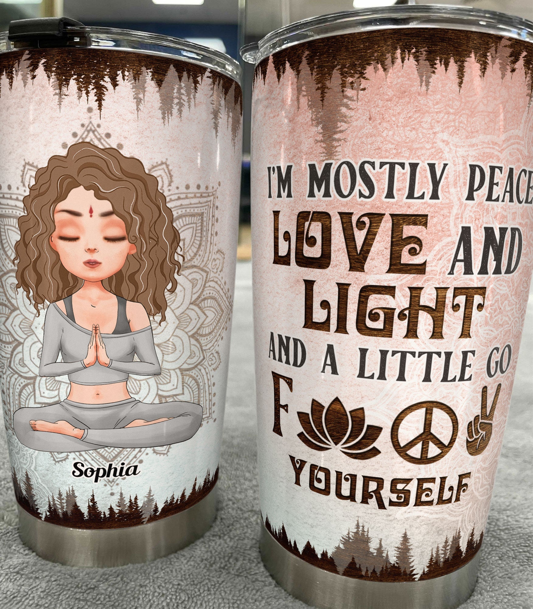 Mostly Peace Love And Light - Personalized Tumbler Cup - Gift For Yoga Lover - Yoga Girl Illustration