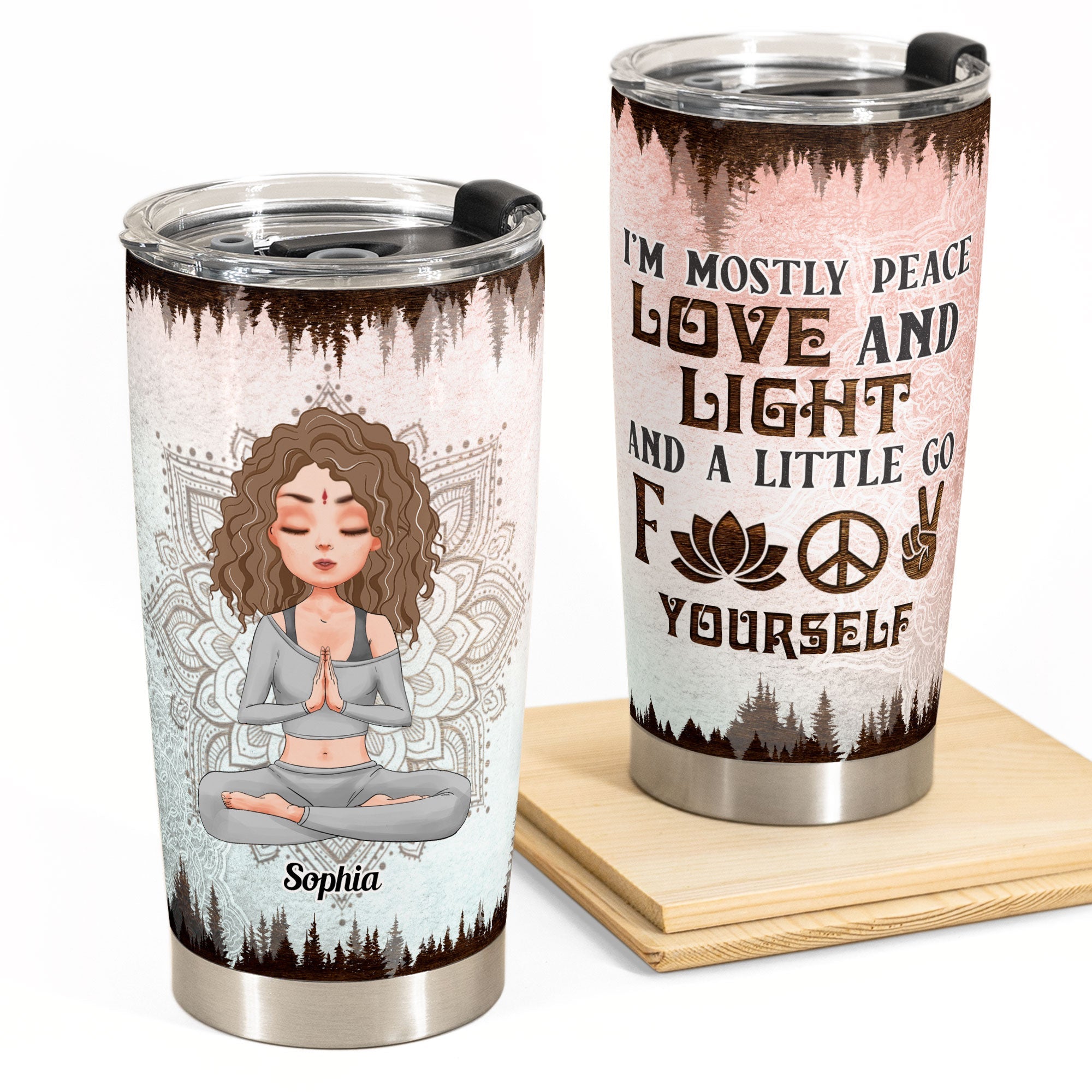 Mostly Peace Love And Light - Personalized Tumbler Cup - Gift For Yoga Lover - Yoga Girl Illustration