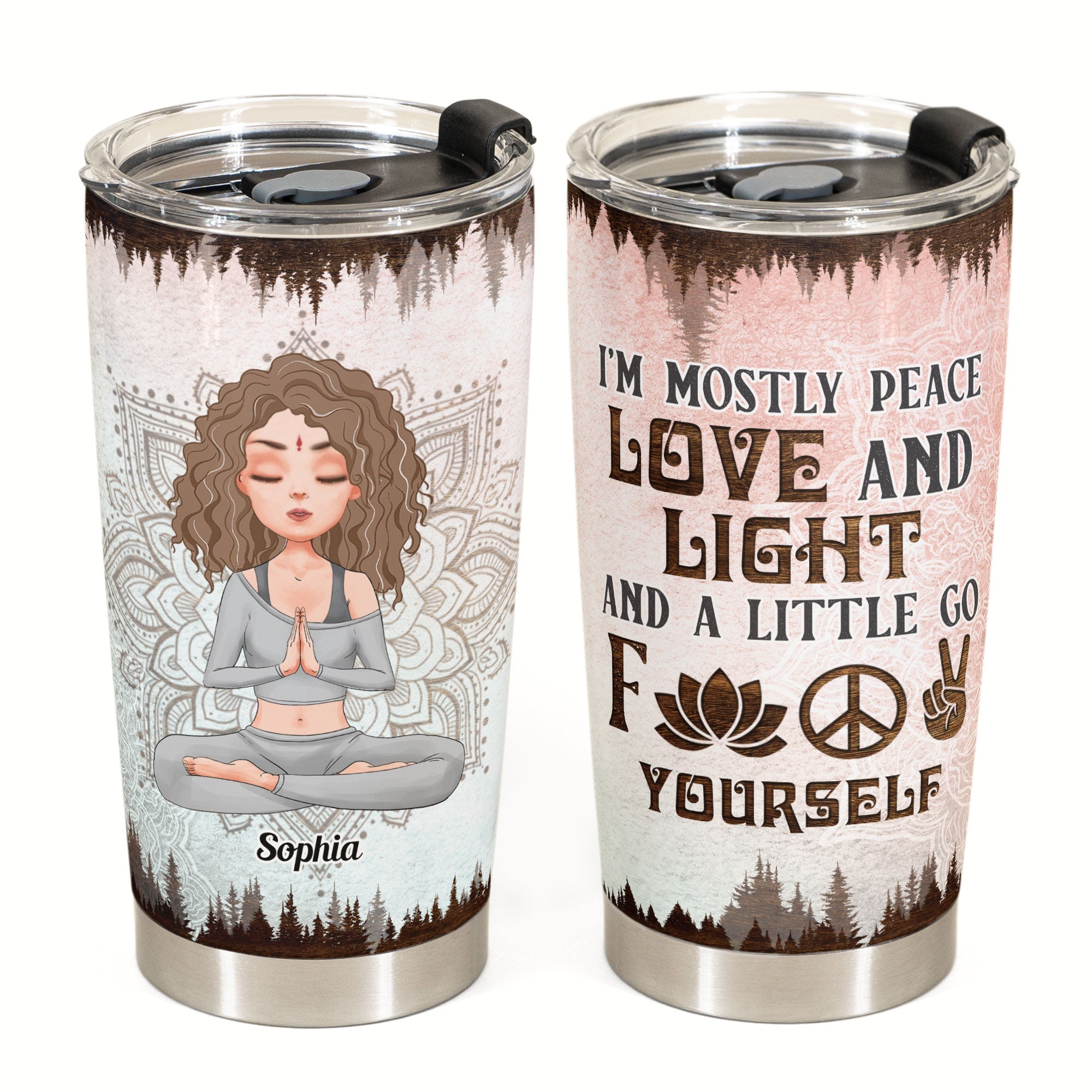 Mostly Peace Love And Light - Personalized Tumbler Cup - Gift For Yoga Lover - Yoga Girl Illustration