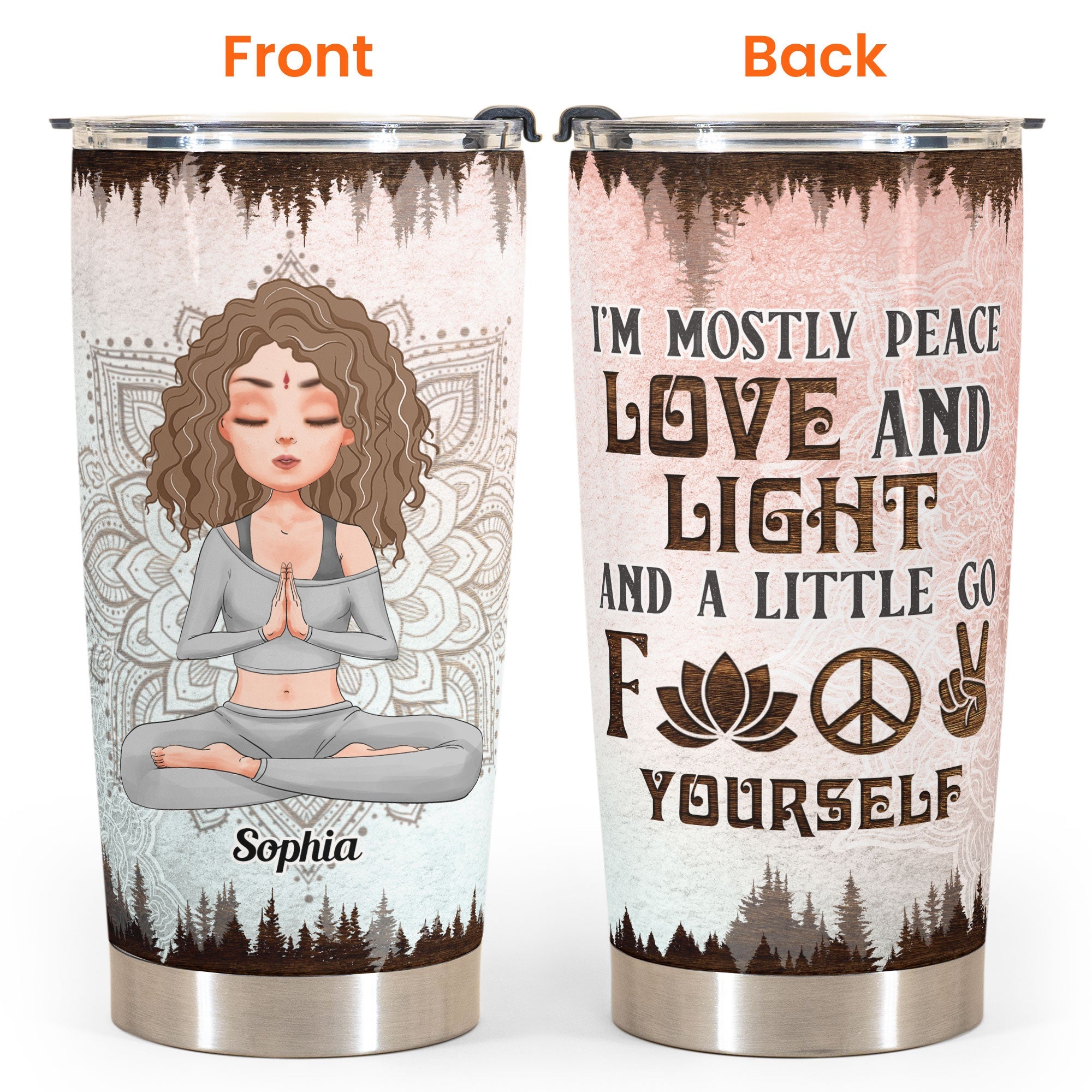 Mostly Peace Love And Light - Personalized Tumbler Cup - Gift For Yoga Lover - Yoga Girl Illustration