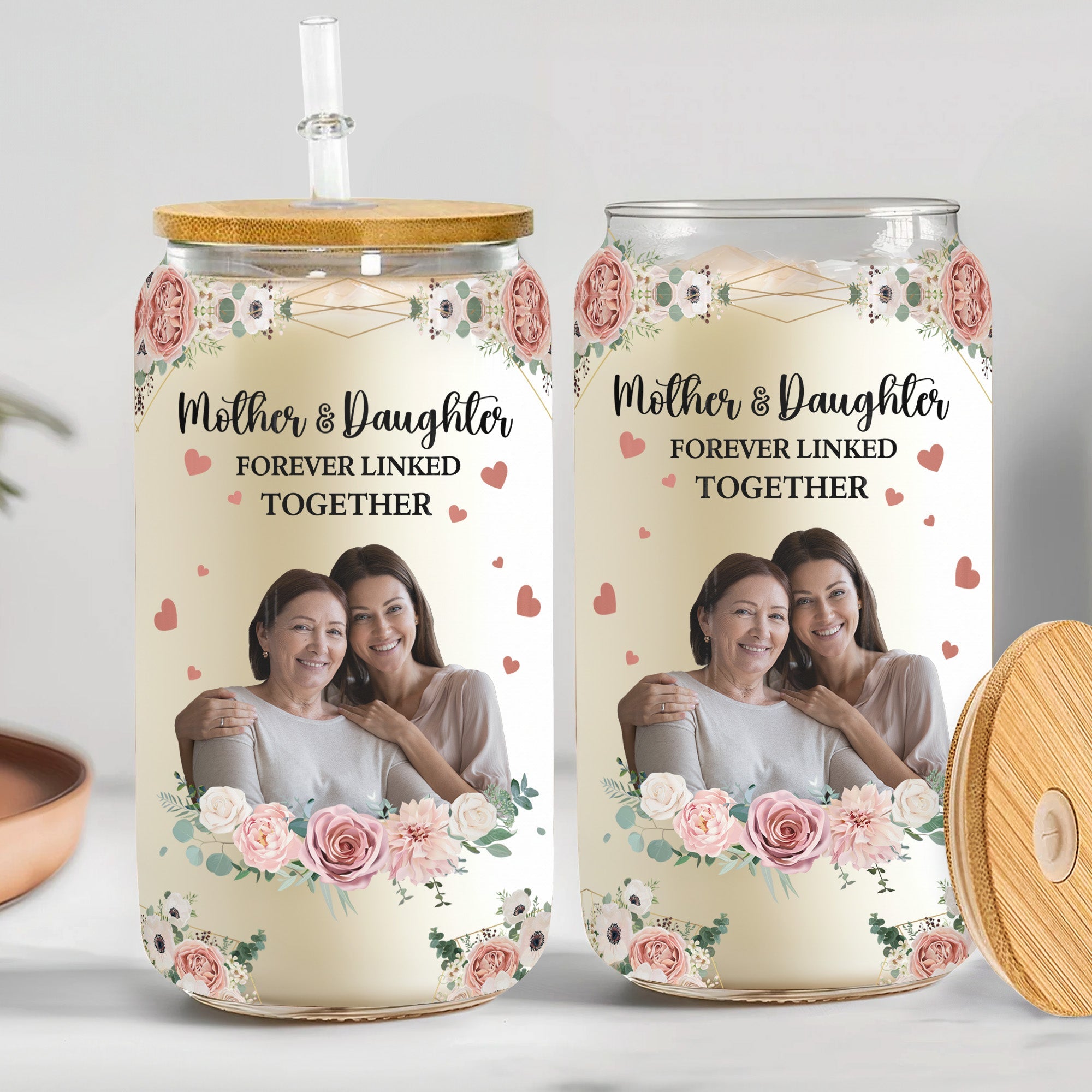 Mother And Children Forever Linked Together - Personalized Photo Clear Glass Cup