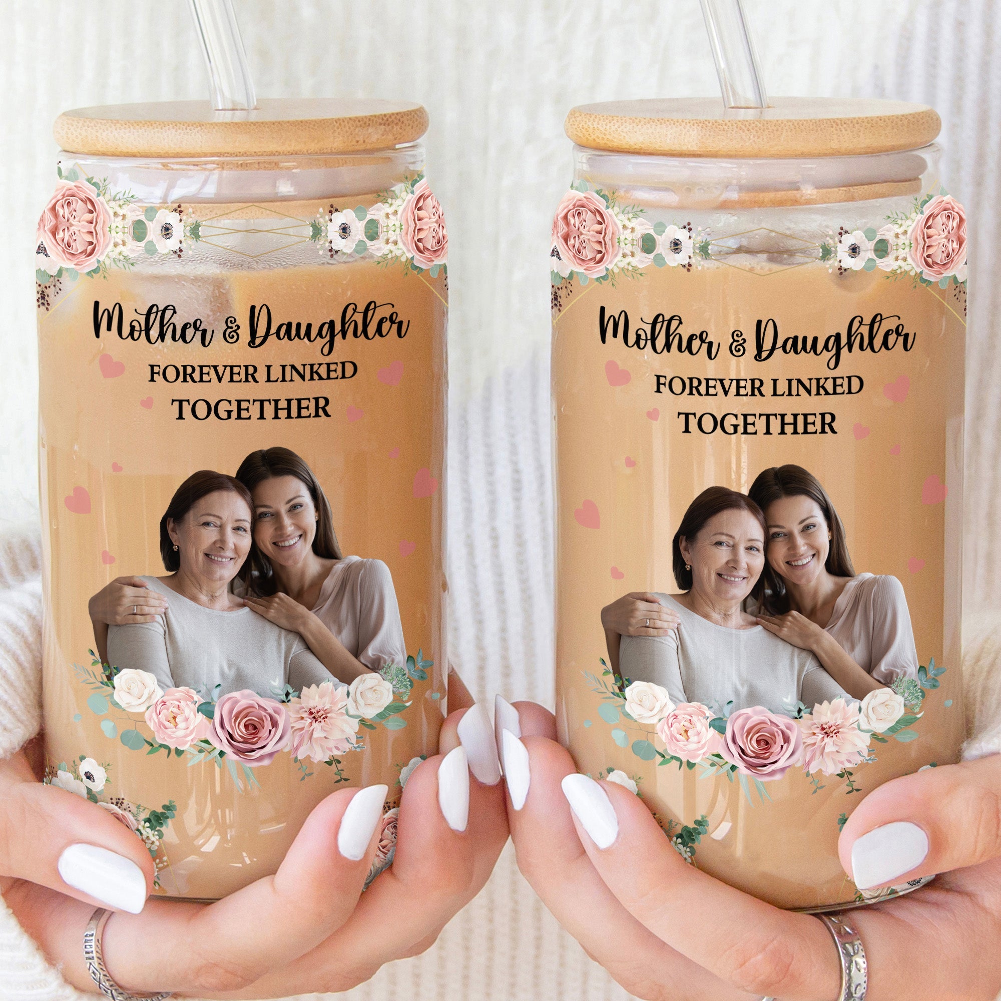 Mother And Children Forever Linked Together - Personalized Photo Clear Glass Cup