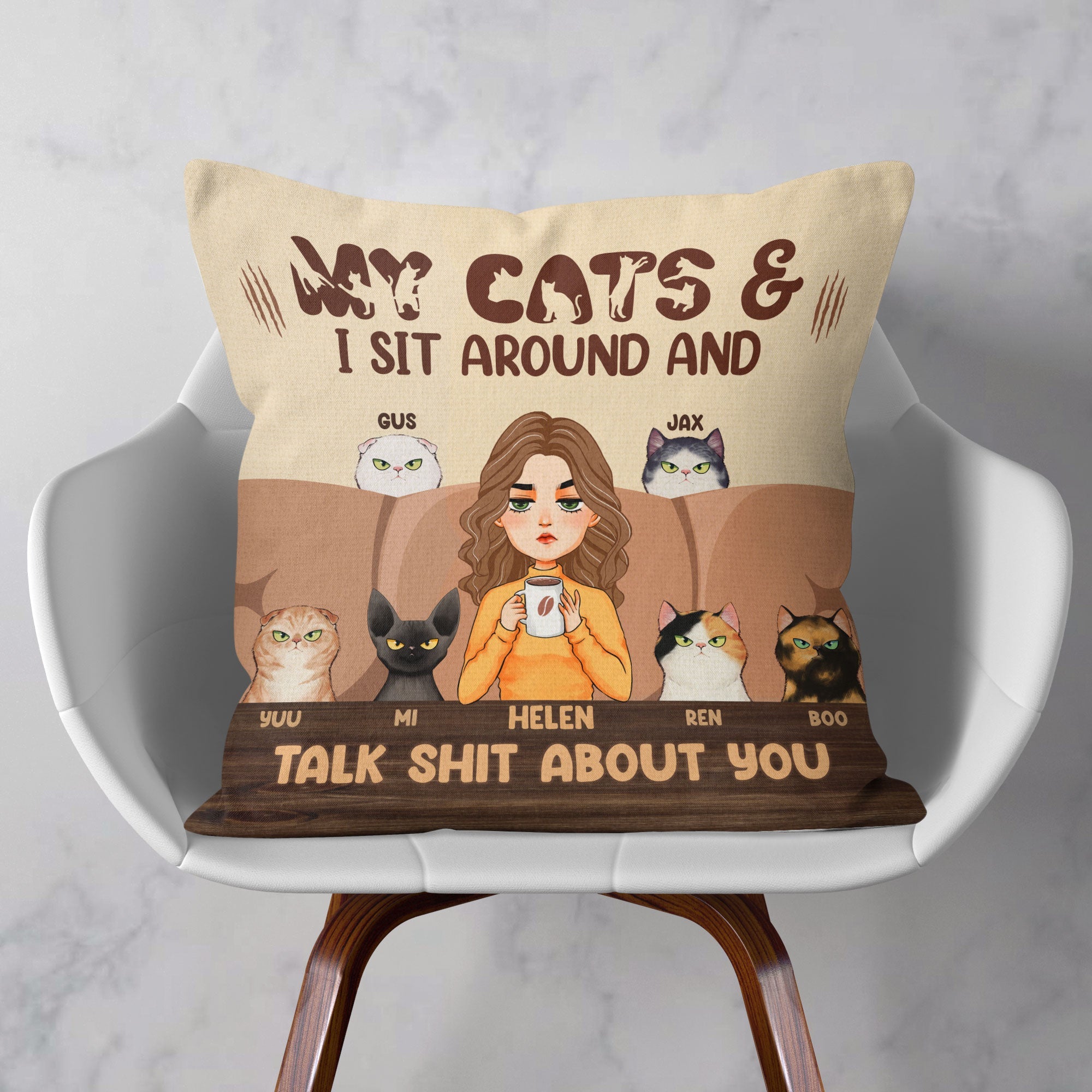 My Cat And I Sit Around And Talk About You - Personalized Pillow (Insert Included) - Birthday, Funny Gift For Cat Lovers, Cat Moms, Cat Owners