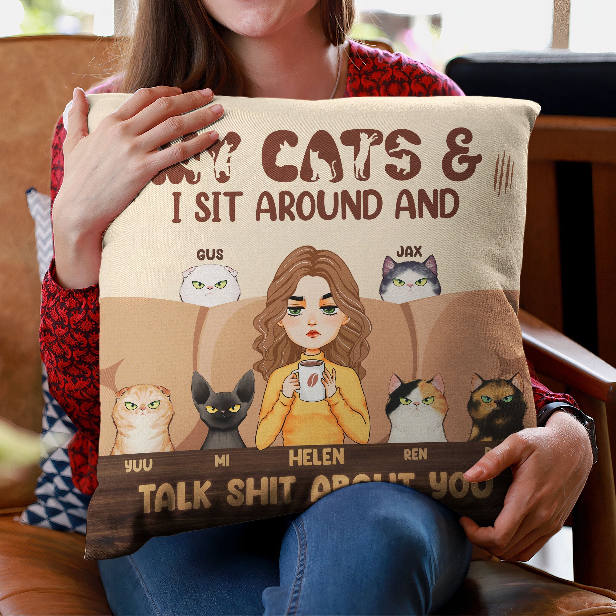 My Cat And I Sit Around And Talk About You - Personalized Pillow (Insert Included) - Birthday, Funny Gift For Cat Lovers, Cat Moms, Cat Owners