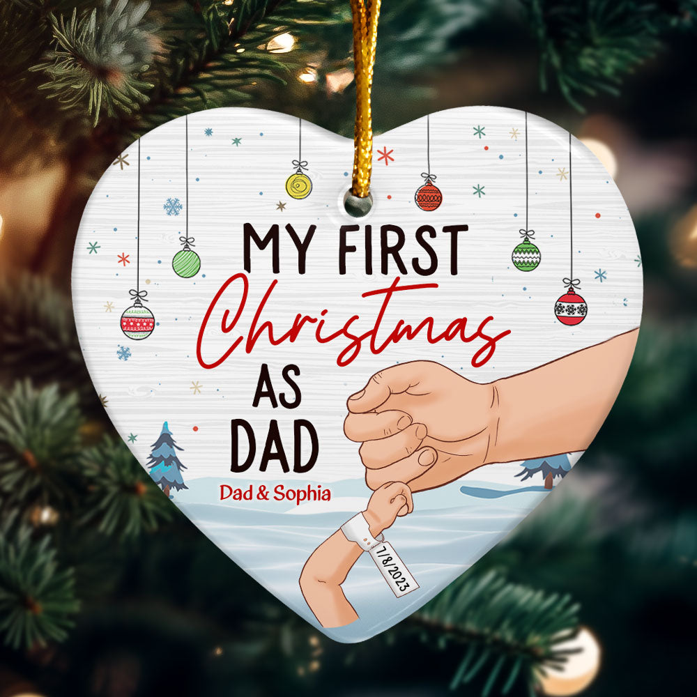 My First Christmas As Dad - Personalized Heart Shaped Ceramic Ornament