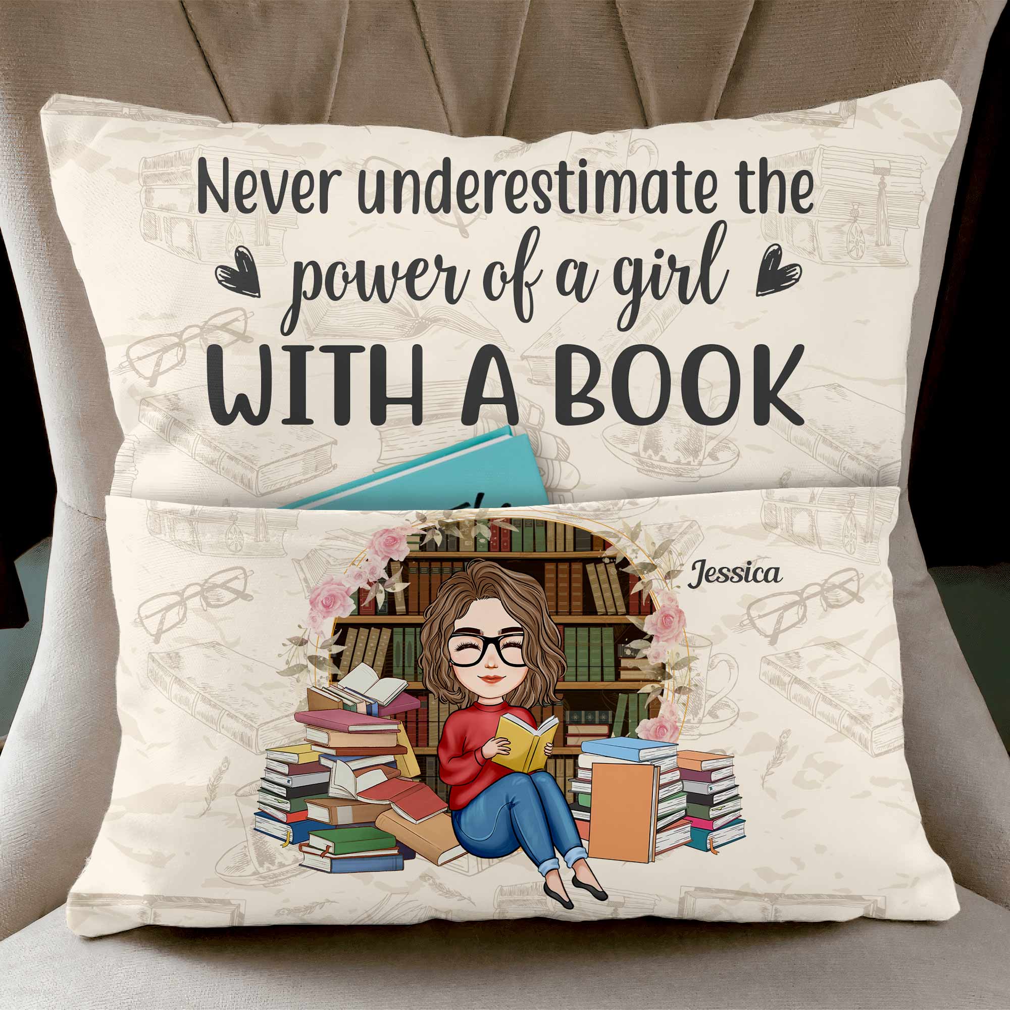 Never Underestimate The Power Of A Girl With A Book - Personalized Pocket Pillow (Insert Included)