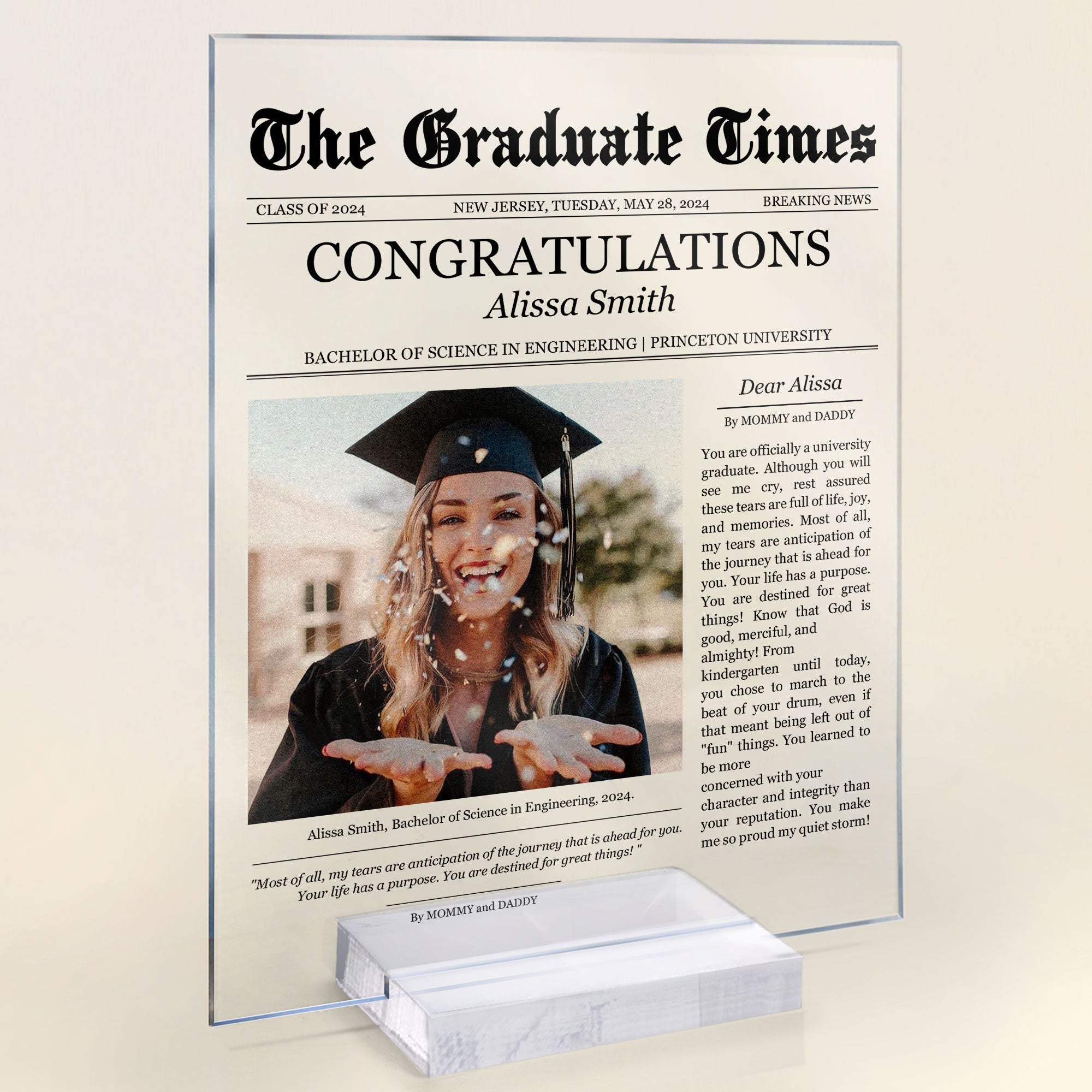 Newspaper Graduation Celebration - Personalized Acrylic Photo Plaque