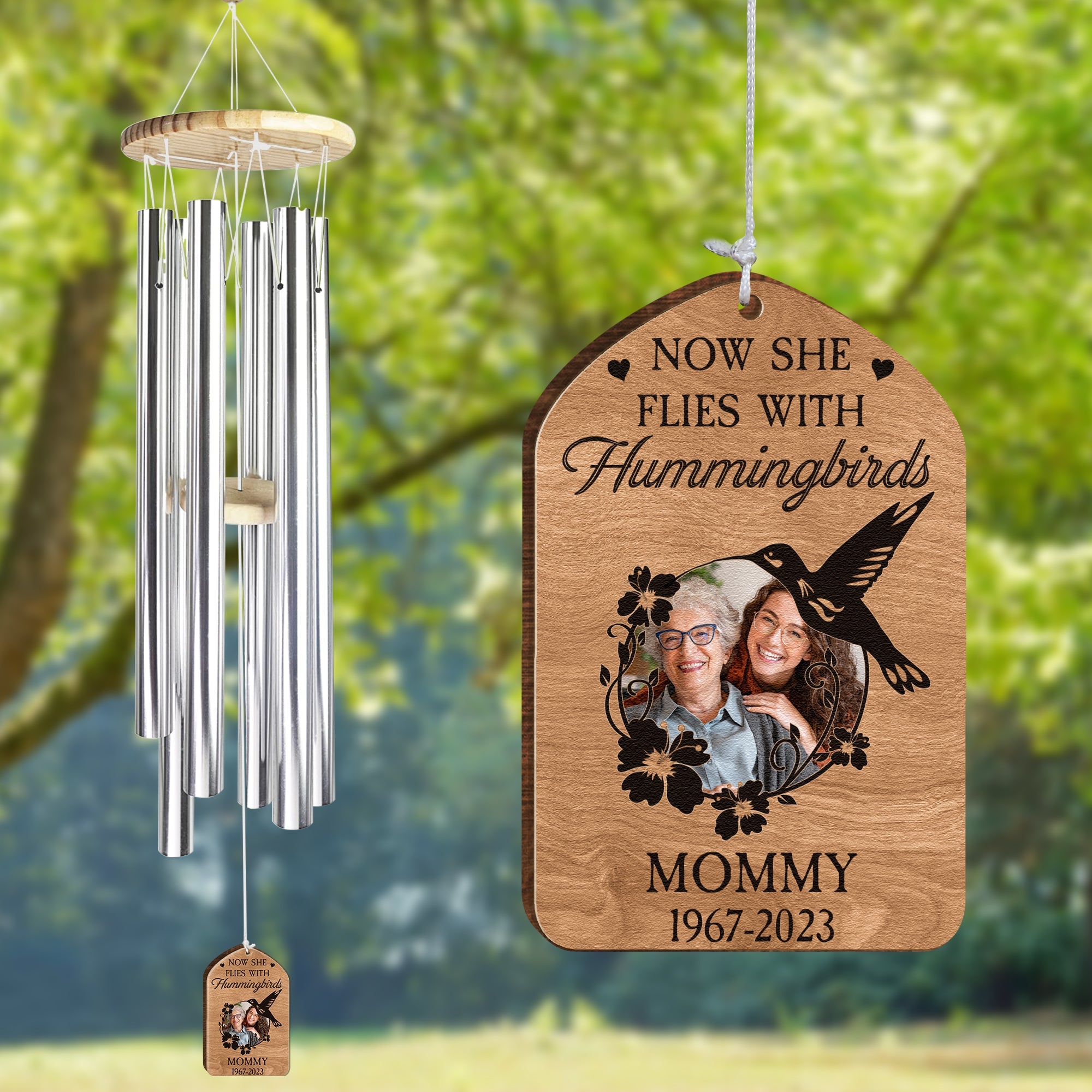 Now She Flies With Hummingbirds - Personalized Photo Wind Chimes