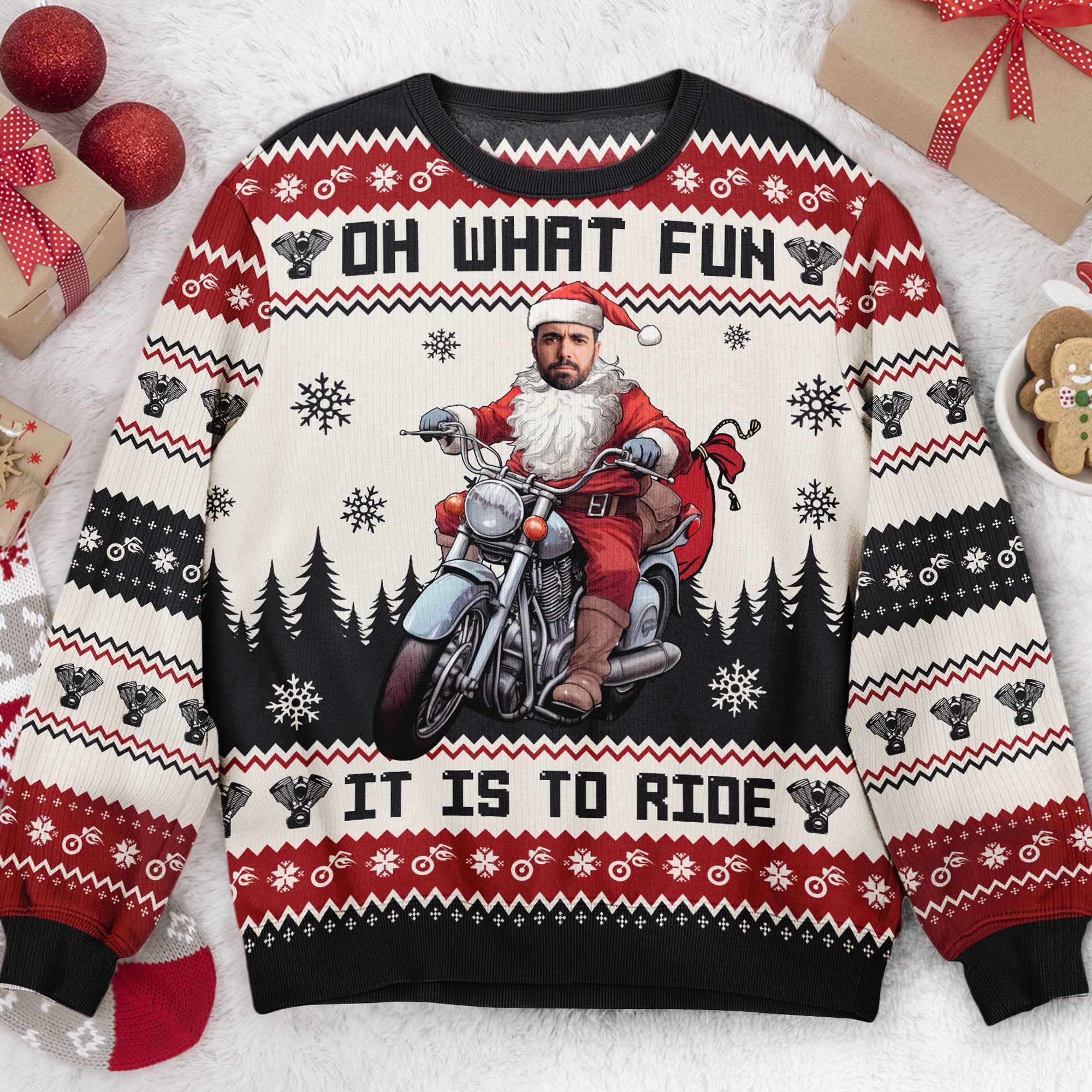 Oh What Fun It Is To Ride Santa Driving Motorcycles - Personalized Photo Ugly Sweater