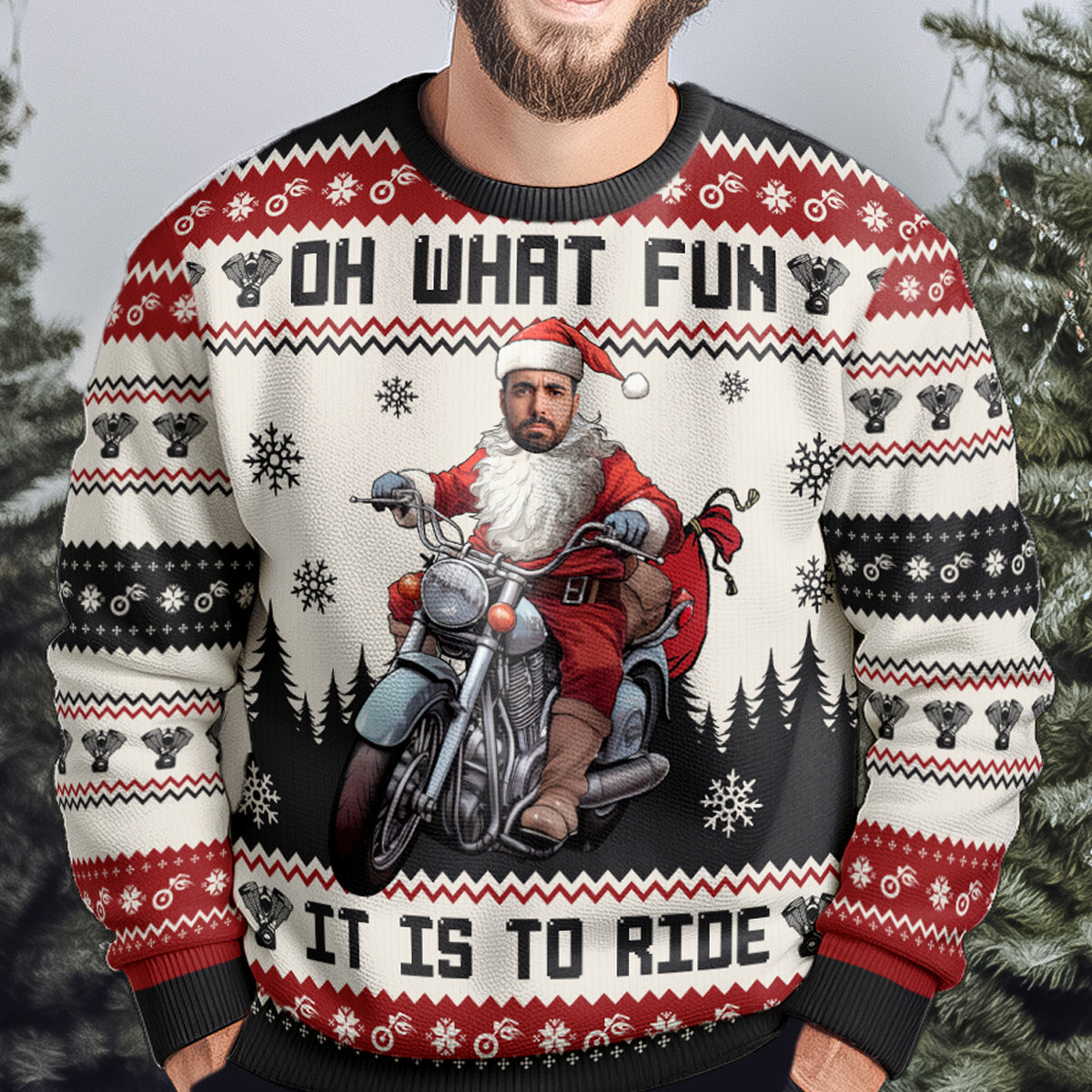 Oh What Fun It Is To Ride Santa Driving Motorcycles - Personalized Photo Ugly Sweater