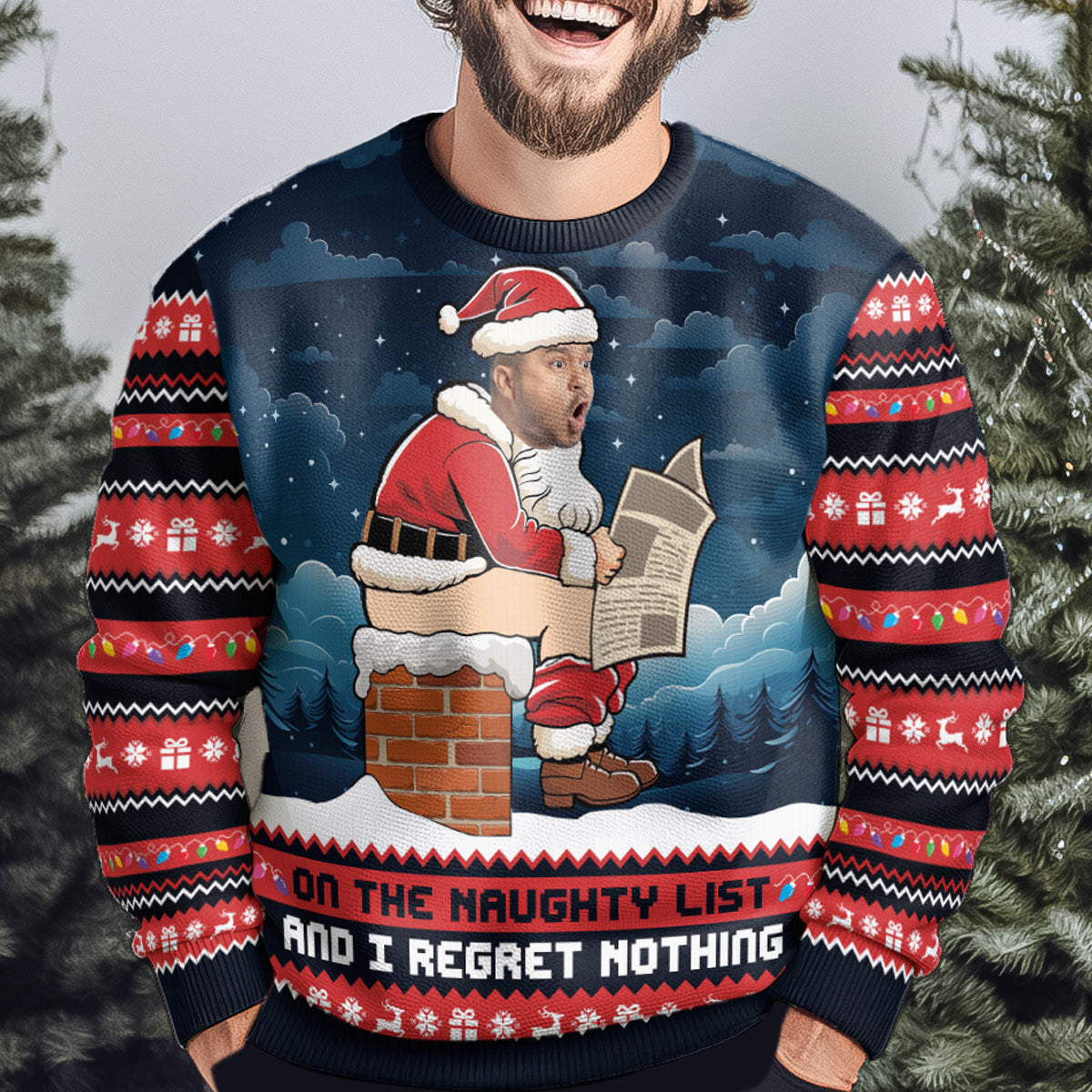 On The Naughty List And I Regret Nothing Funny Face - Personalized Photo Ugly Sweater