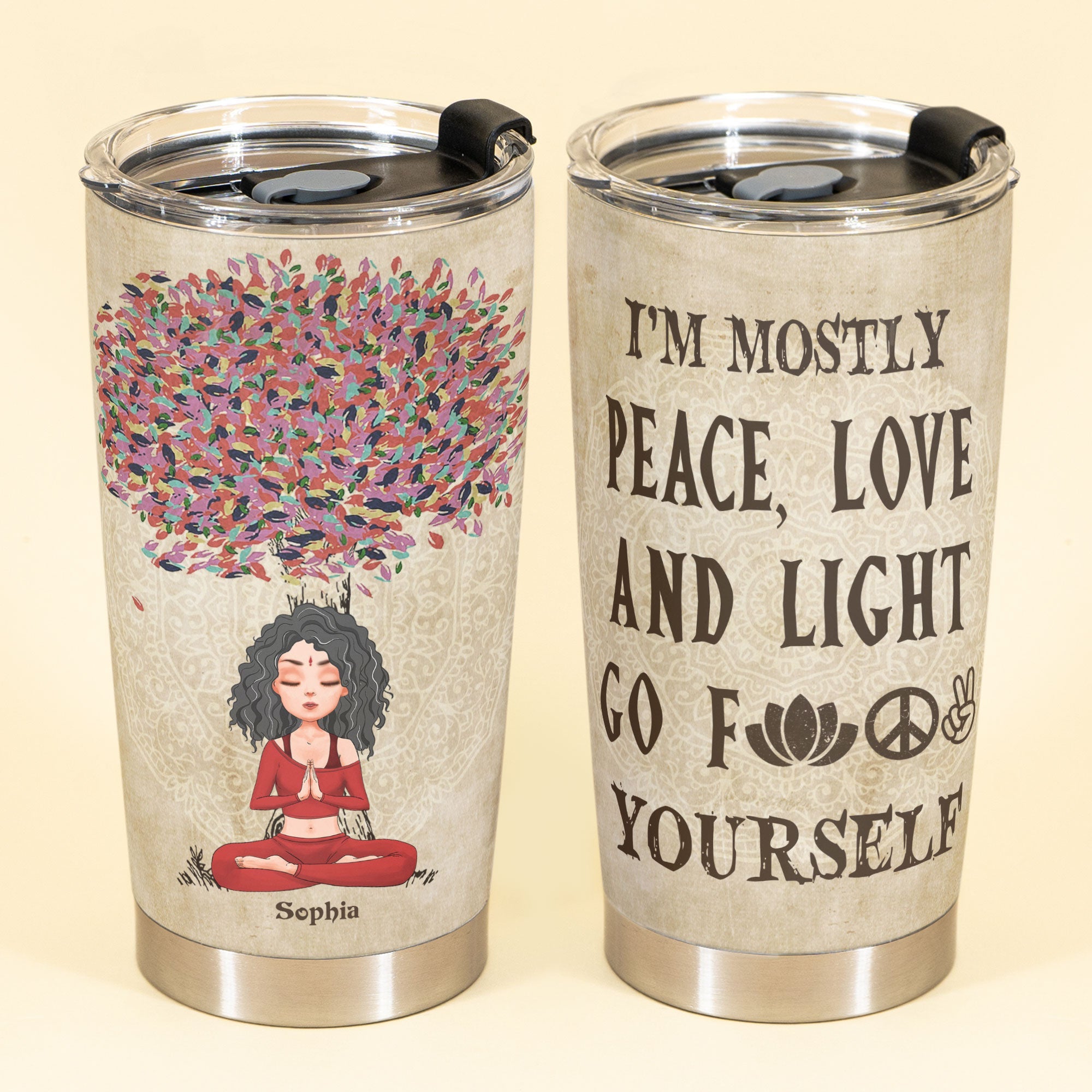 Peace Love And Light - Personalized Tumbler Cup - Birthday Gift For Yoga Lover