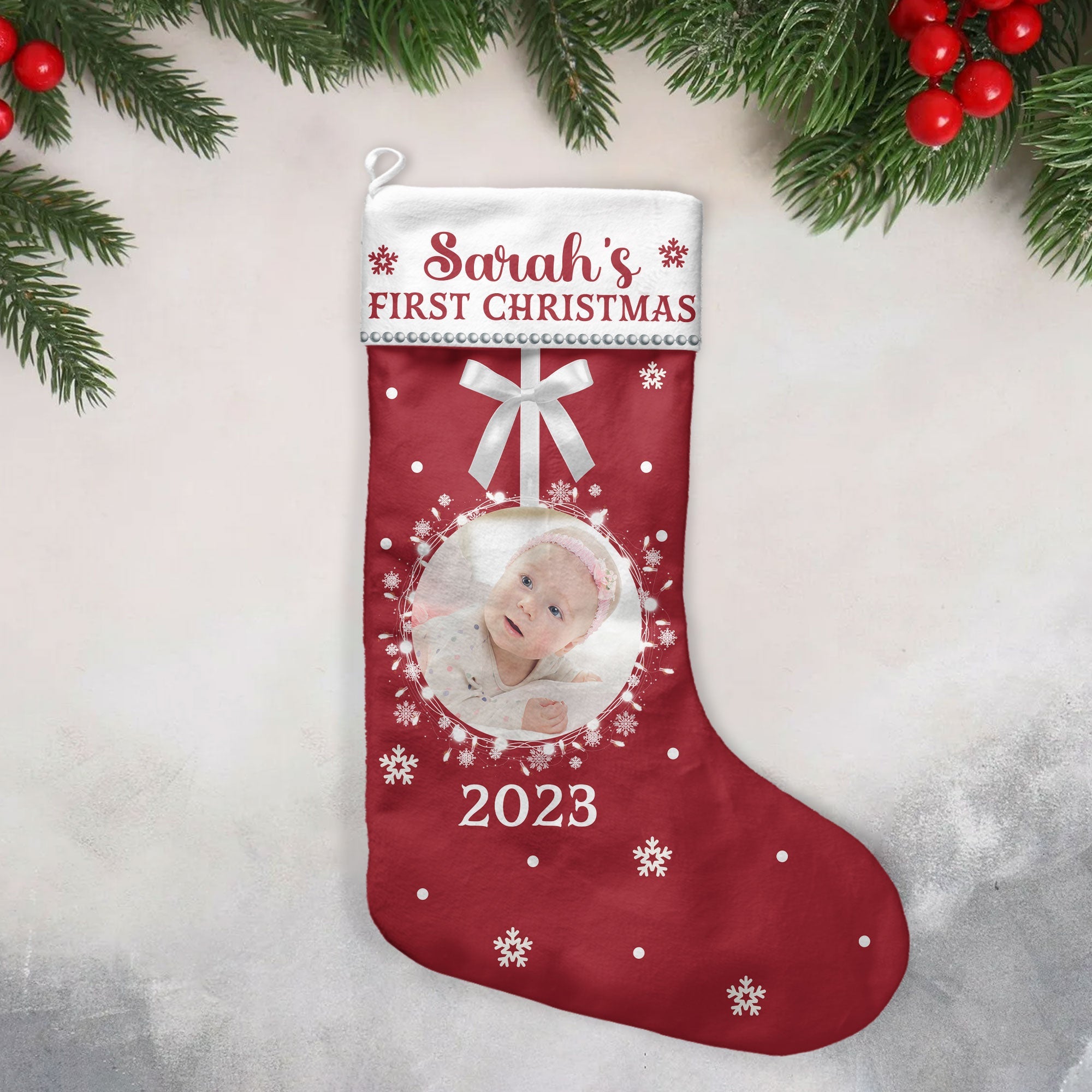 (Photo Inserted)  First Christmas - Personalized stocking