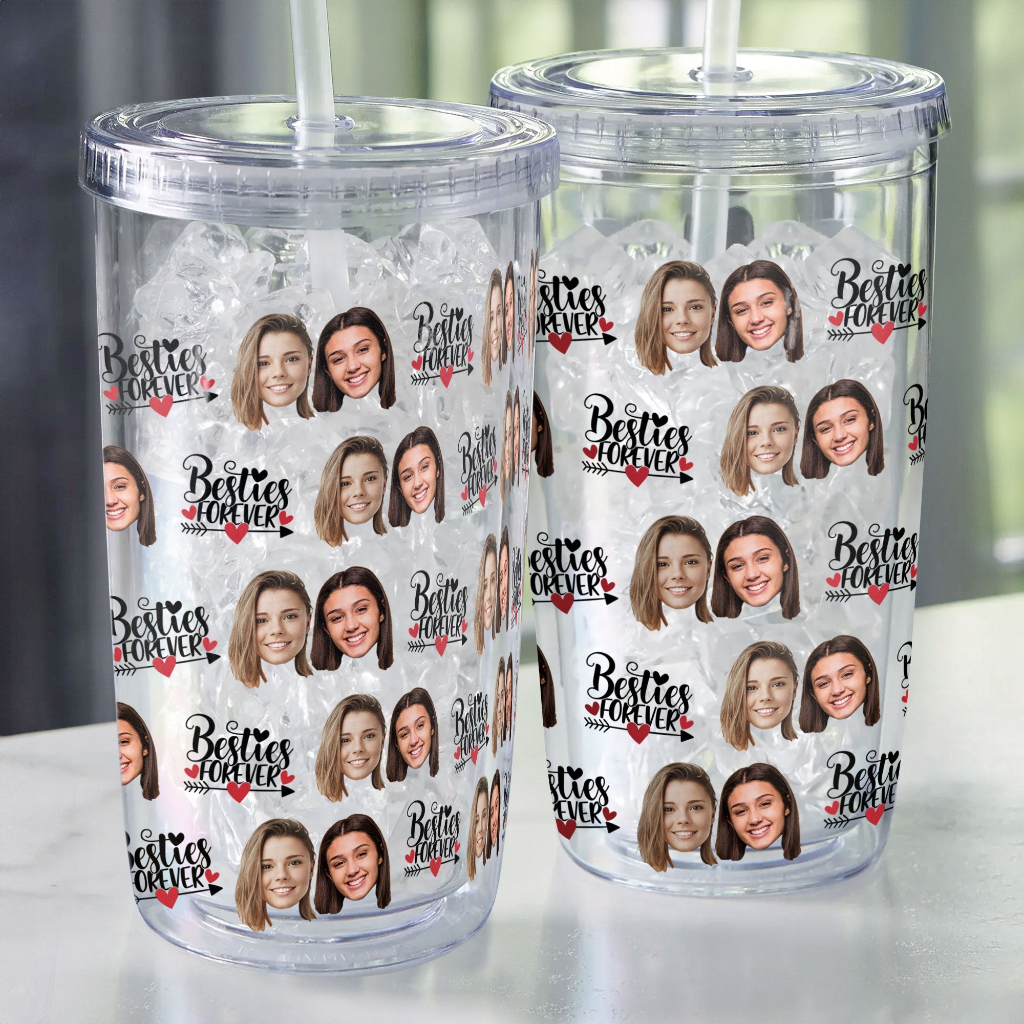 Custom Face Besties Forever - Personalized Photo Acrylic Tumbler With Straw