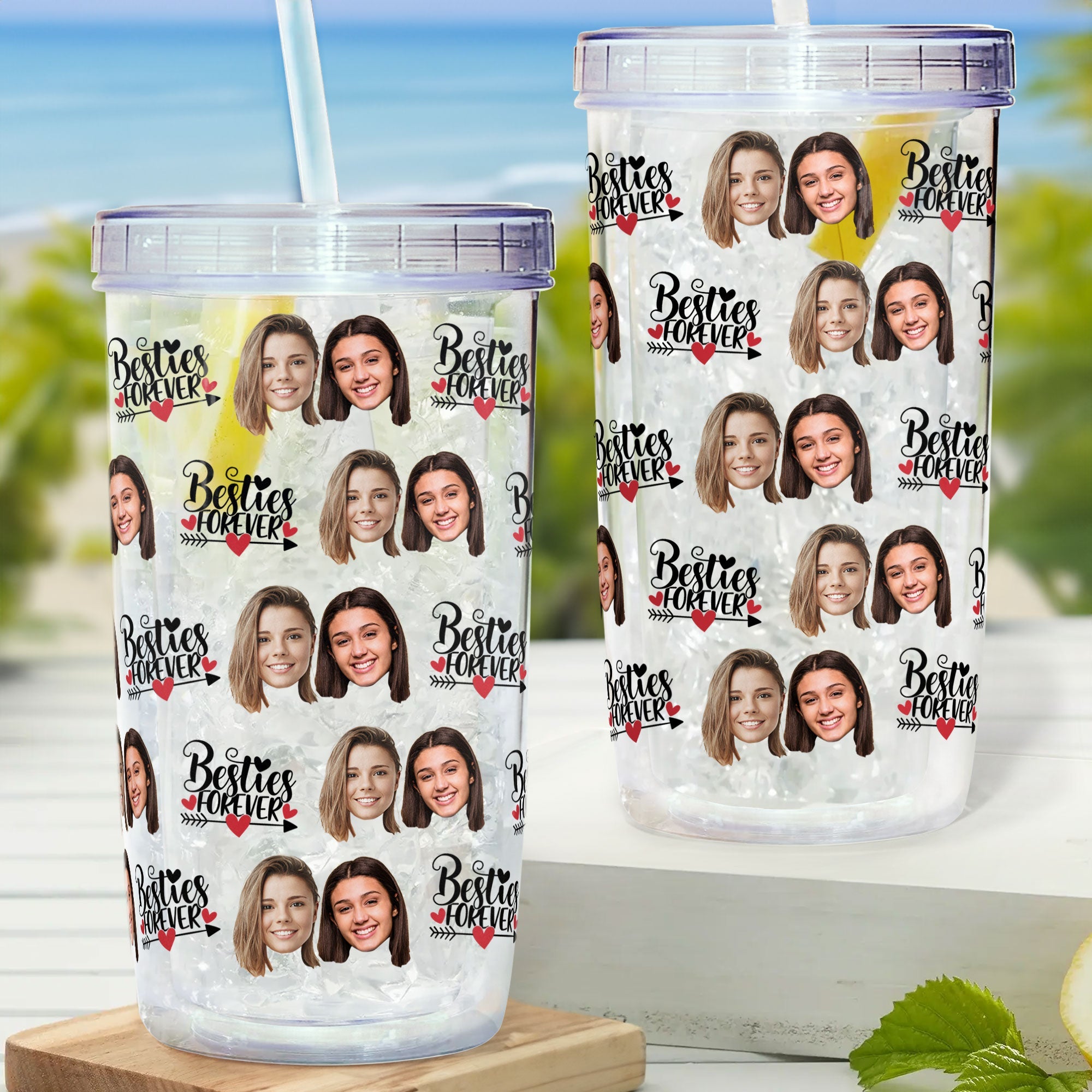 Custom Face Besties Forever - Personalized Photo Acrylic Tumbler With Straw