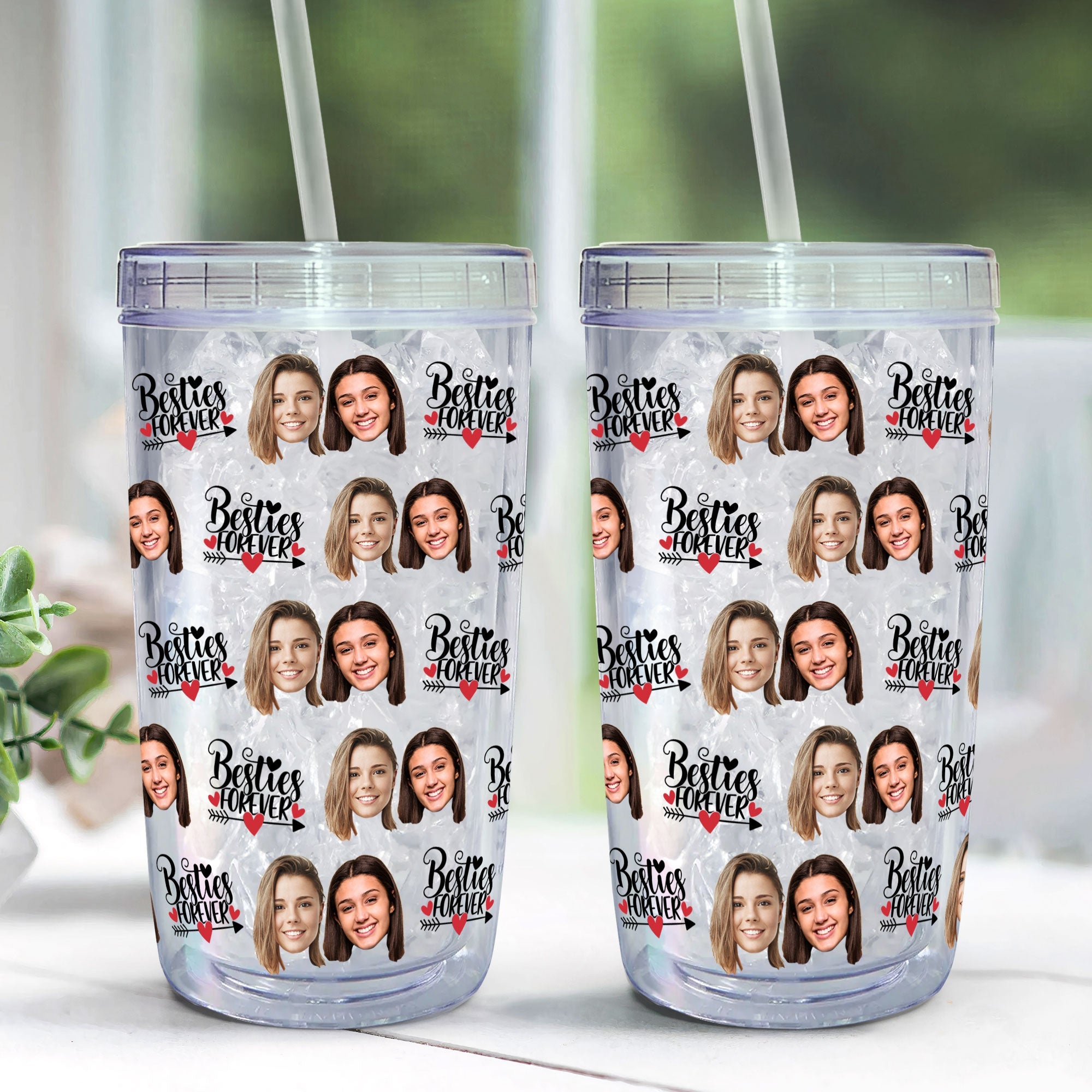 Custom Face Besties Forever - Personalized Photo Acrylic Tumbler With Straw