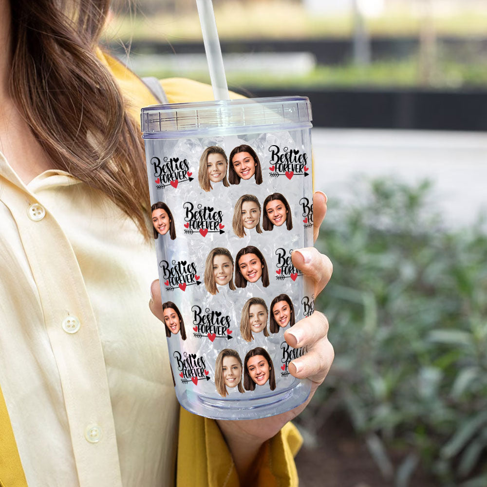 Custom Face Besties Forever - Personalized Photo Acrylic Tumbler With Straw