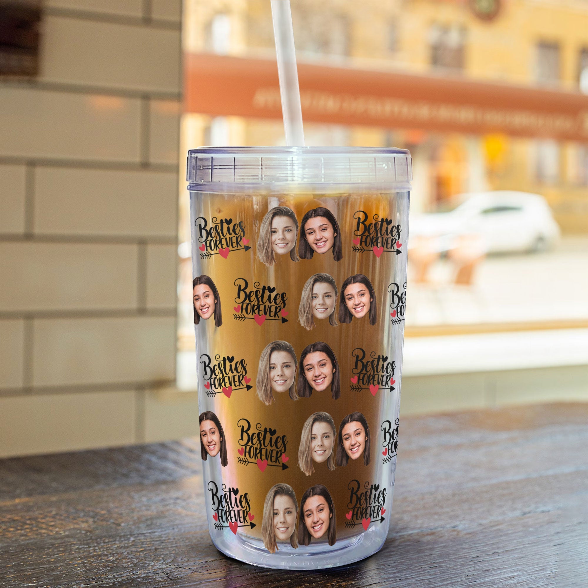 Custom Face Besties Forever - Personalized Photo Acrylic Tumbler With Straw