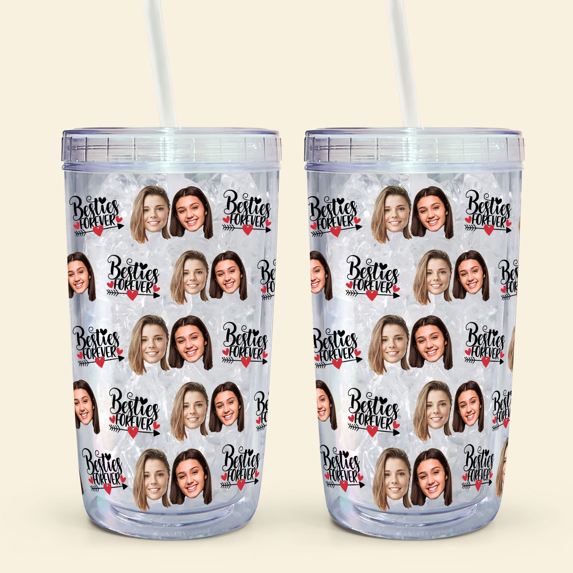 Custom Face Besties Forever - Personalized Photo Acrylic Tumbler With Straw