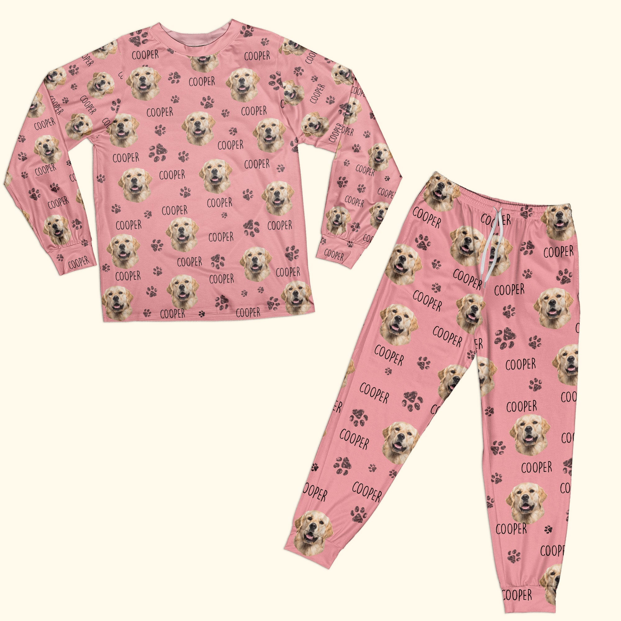 Custom Dog Face and Dog Name Dog Cat Paw - Personalized Photo Pajama Set