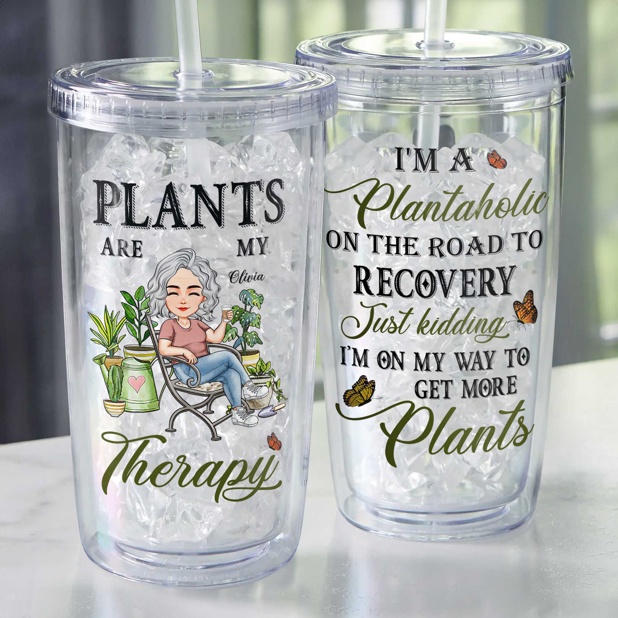 Plants Are My Therapy - Personalized Acrylic Tumbler With Straw