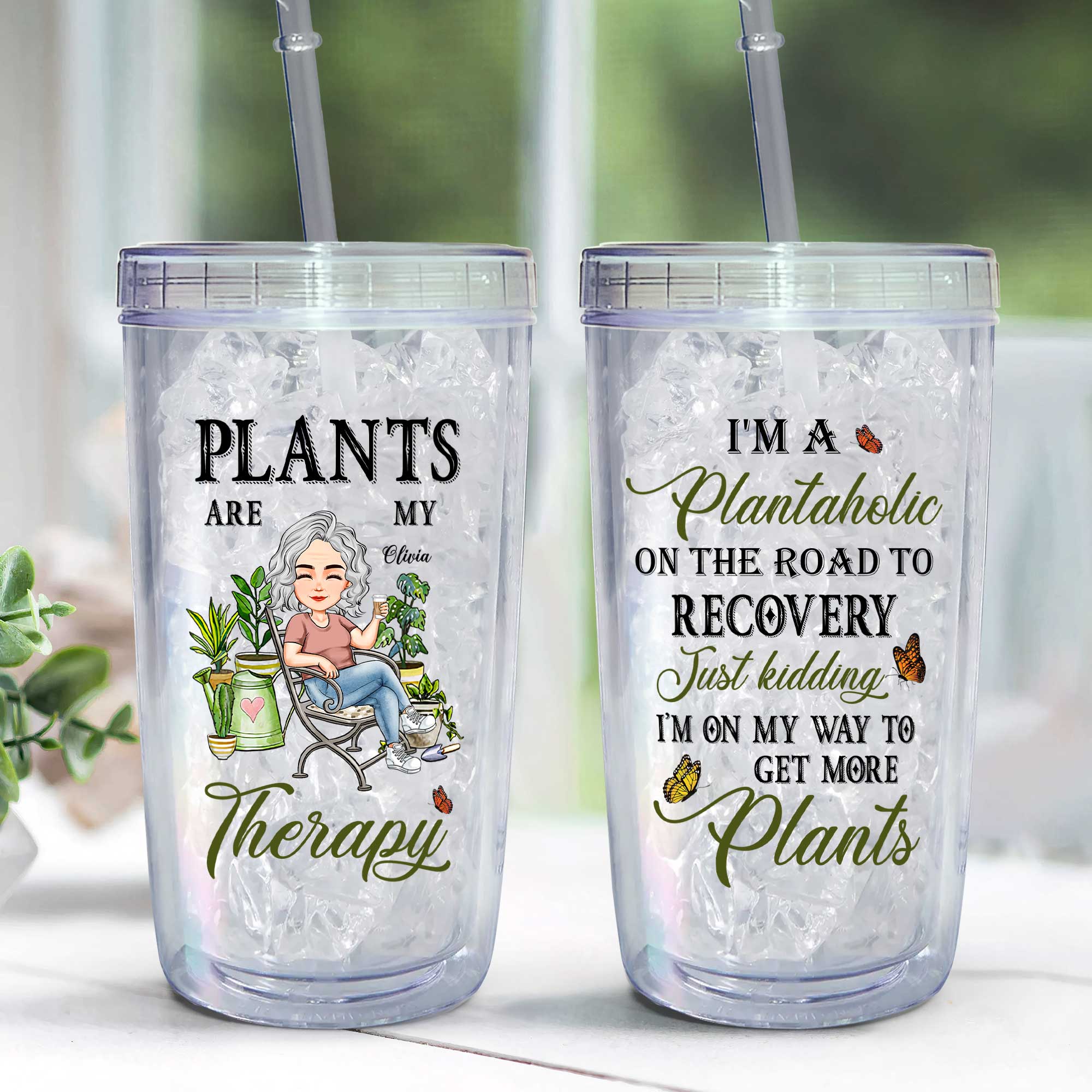 Plants Are My Therapy - Personalized Acrylic Tumbler With Straw