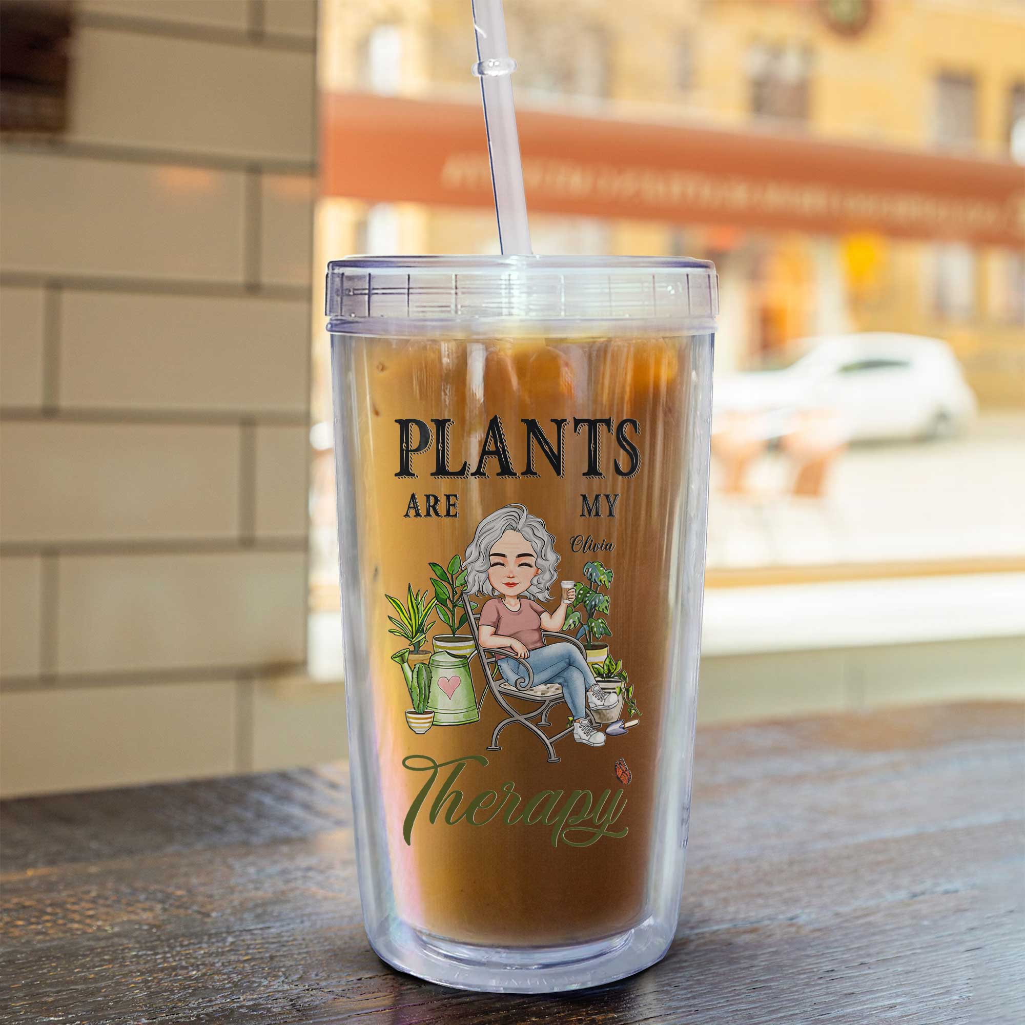 Plants Are My Therapy - Personalized Acrylic Tumbler With Straw