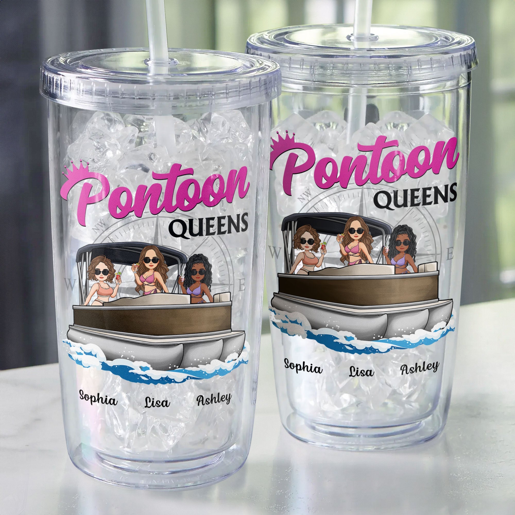 Pontoon Queens - Personalized Acrylic Tumbler With Straw