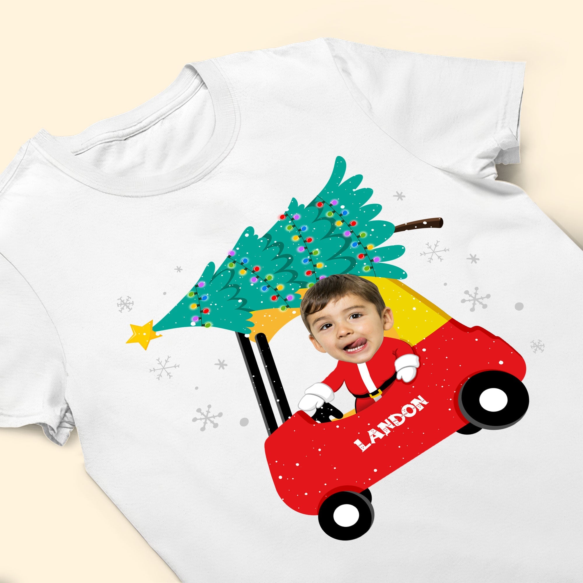 Red Car Christmas Kids Custom Face - Personalized Photo Shirt