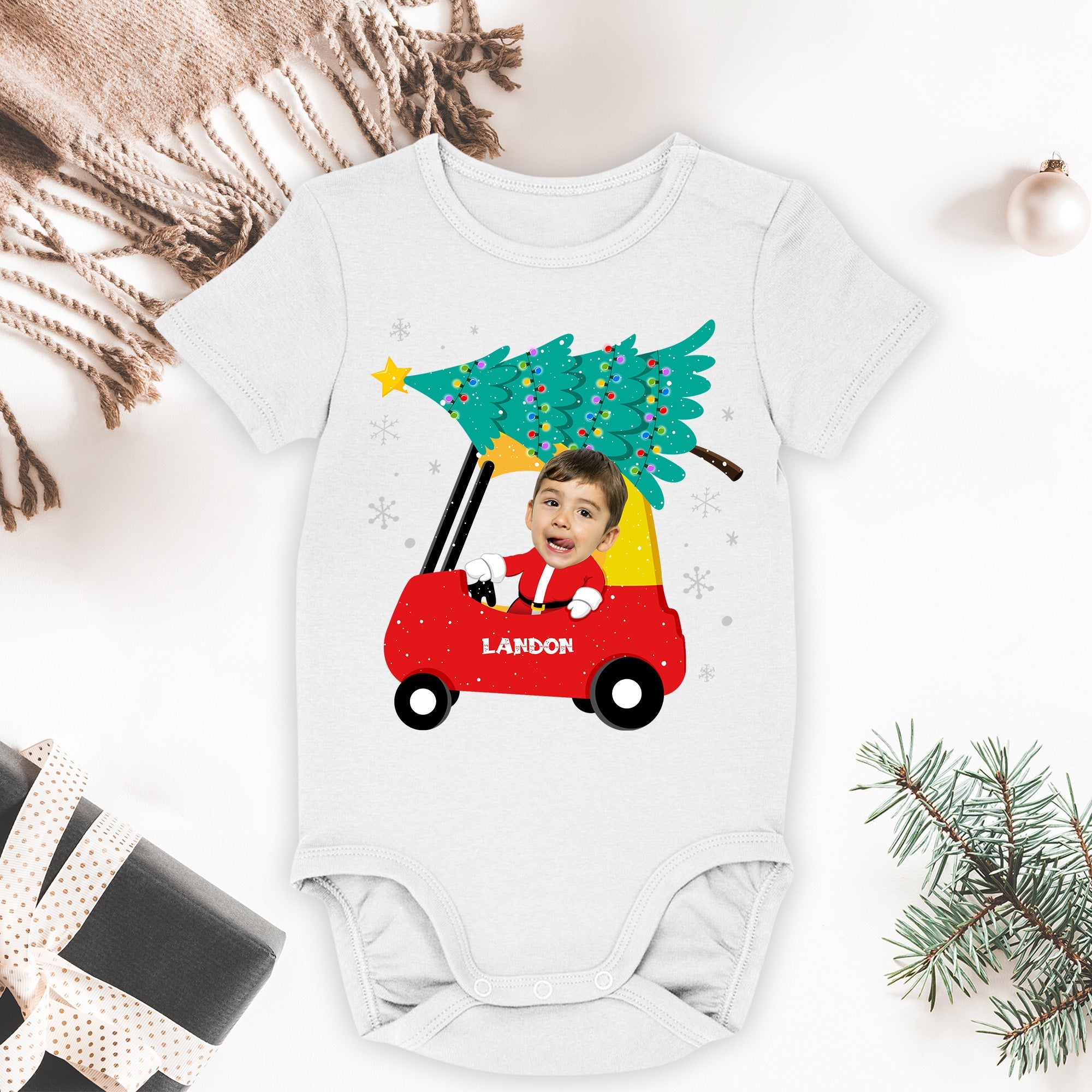 Red Car Christmas Kids Custom Face - Personalized Photo Shirt