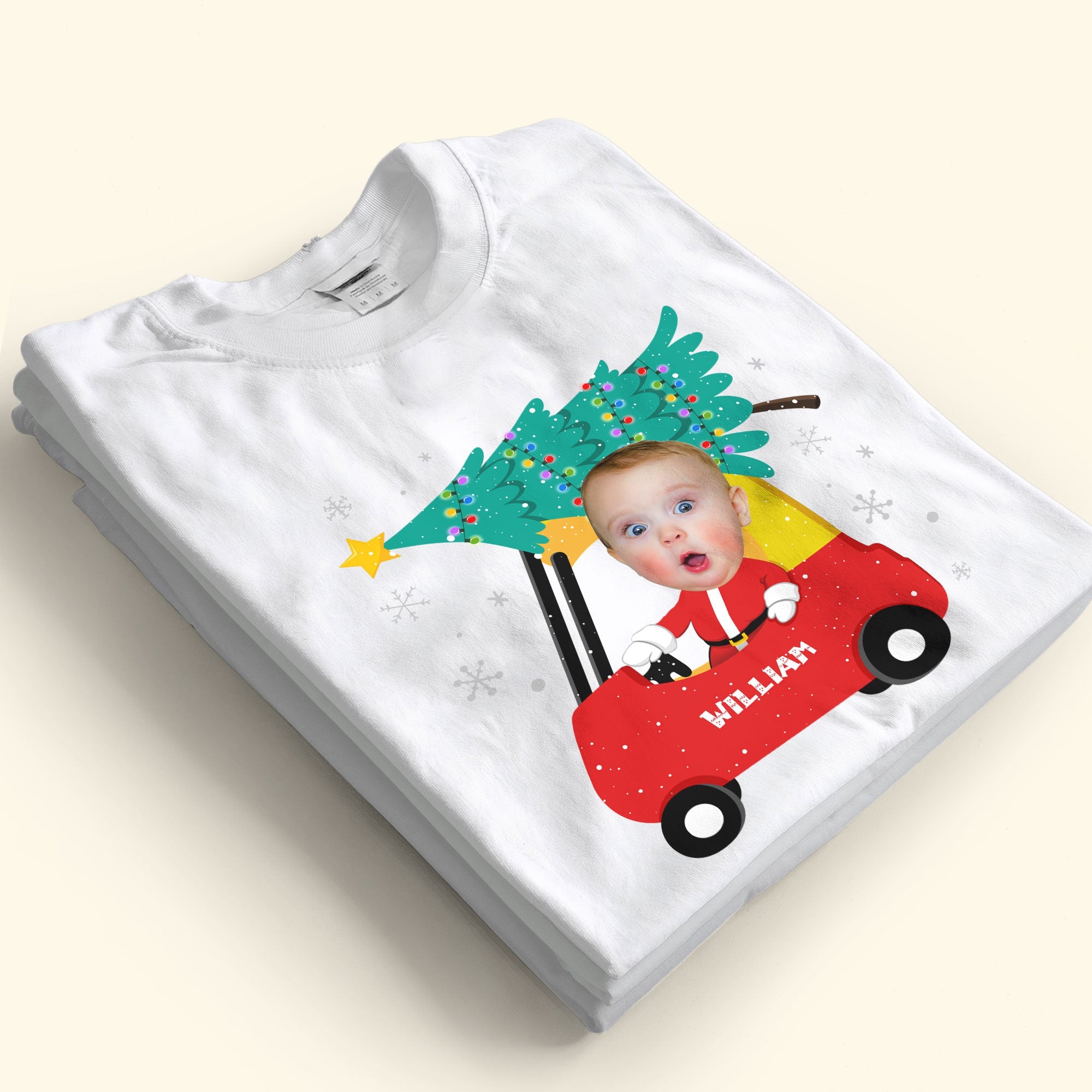 Red Car Christmas Toddler Baby Custom Face - Personalized Photo Baby Onesie