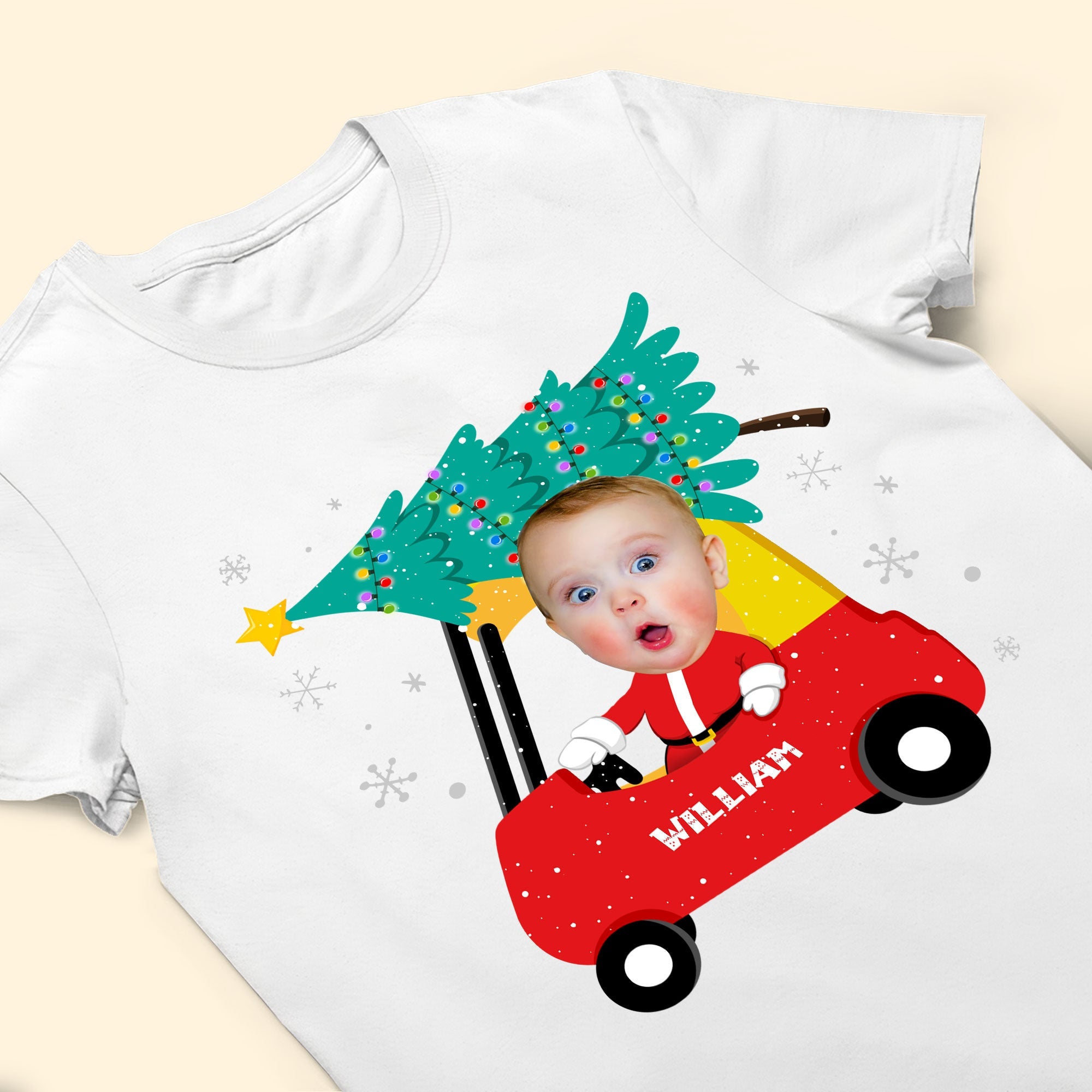 Red Car Christmas Toddler Baby Custom Face - Personalized Photo Baby Onesie