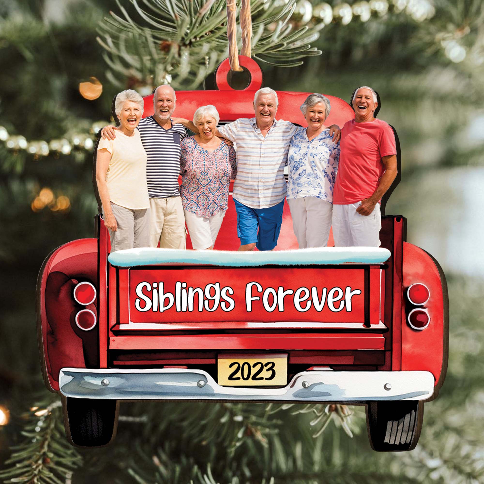 Red Truck Christmas Custom Photo Family Friends - Personalized Wooden Photo Ornament