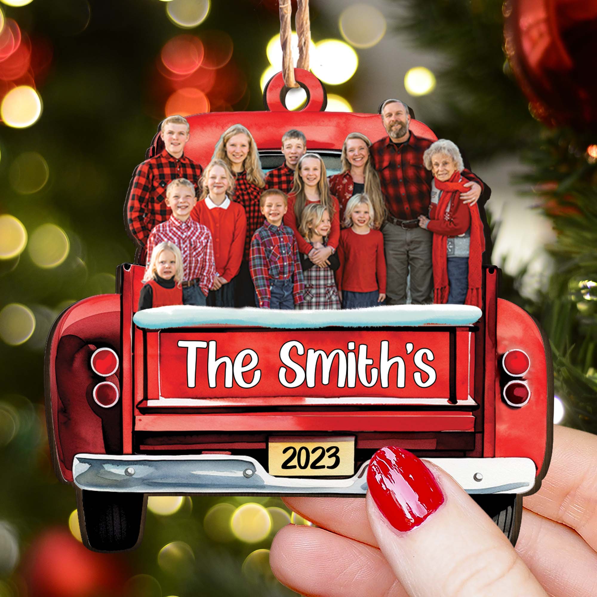 Red Truck Christmas Custom Photo Family Friends - Personalized Wooden Photo Ornament