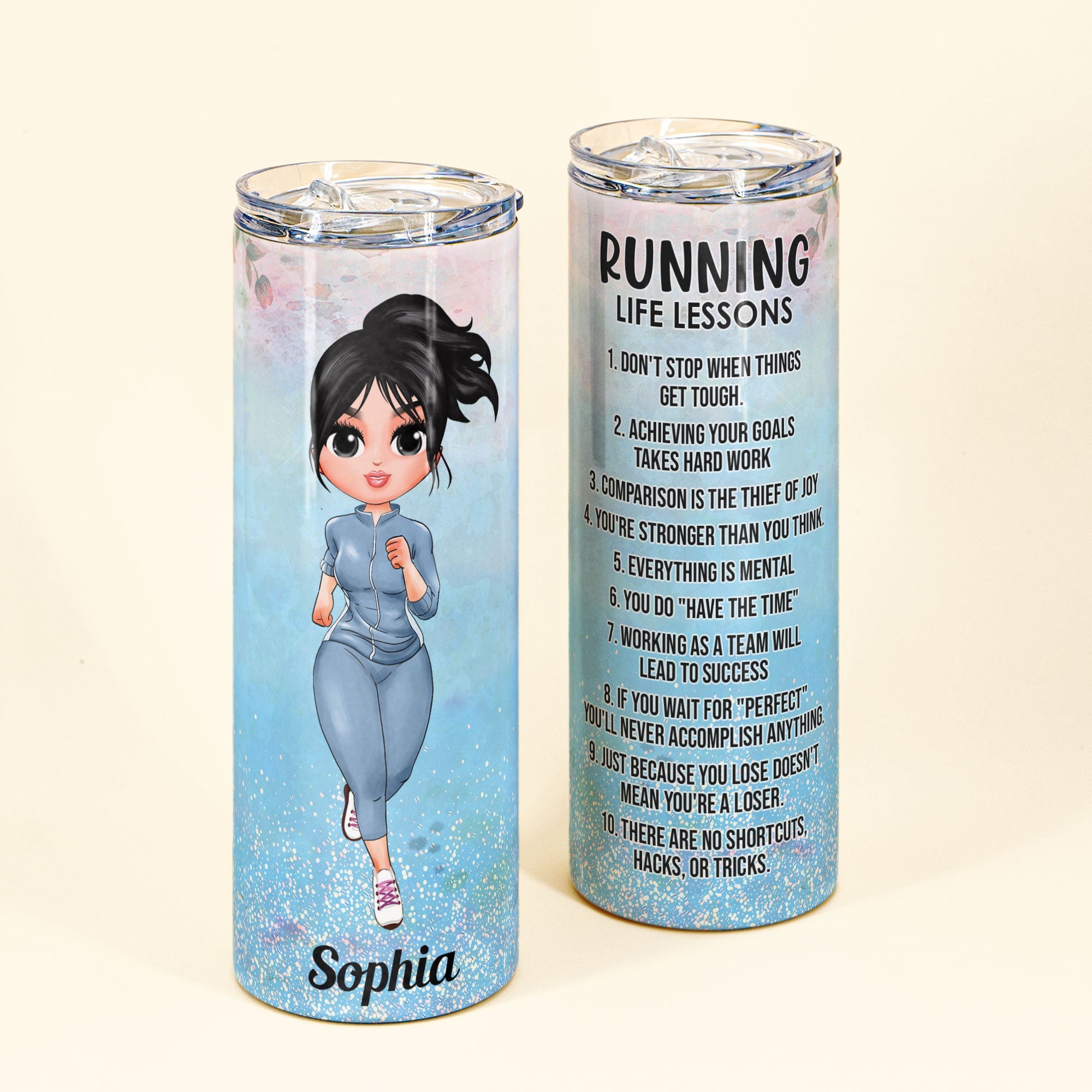 Running Life Lessons - Personalized Skinny Tumbler - Birthday Gift Motivational Gift For Girls, Runners