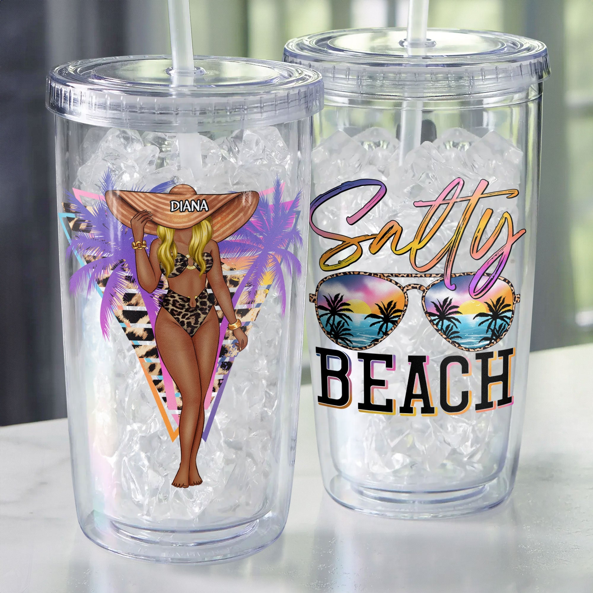 Salty Beach Summer Girl - Personalized Acrylic Tumbler With Straw