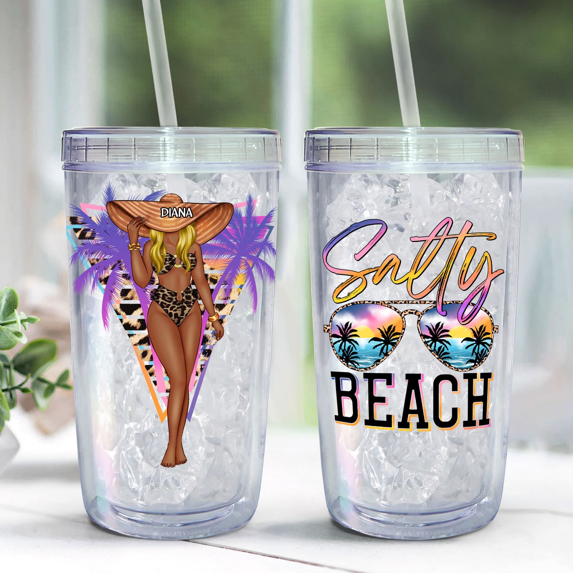 Salty Beach Summer Girl - Personalized Acrylic Tumbler With Straw