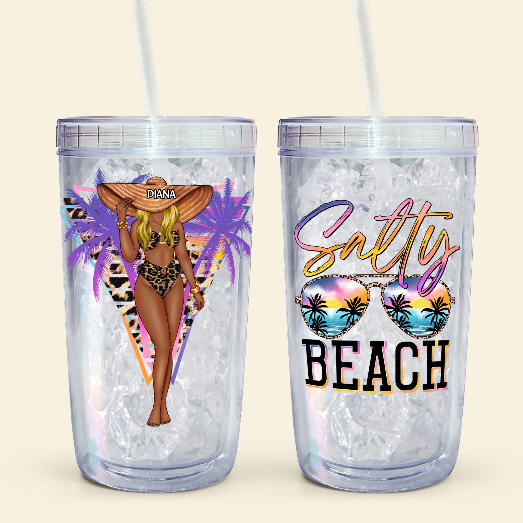 Salty Beach Summer Girl - Personalized Acrylic Tumbler With Straw