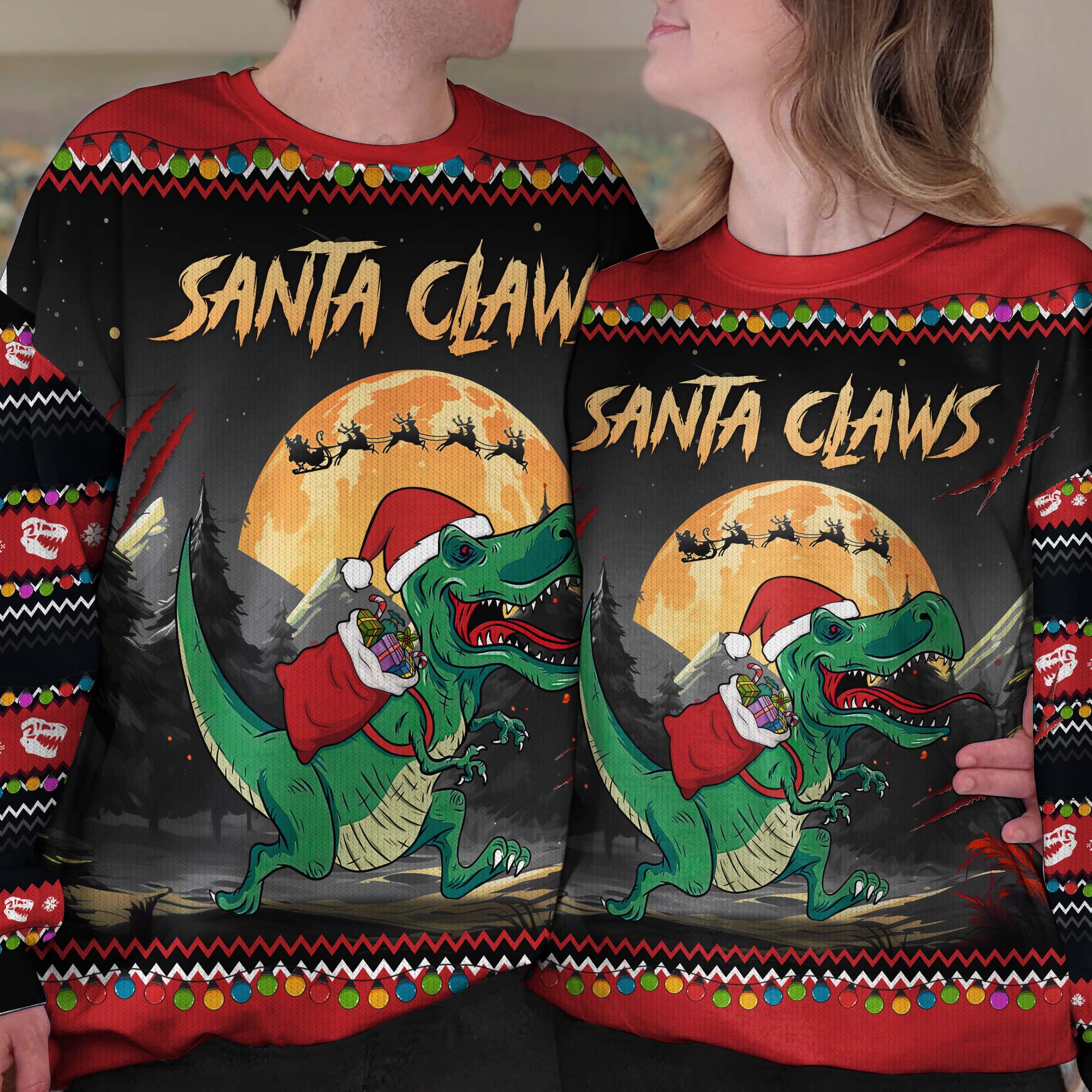 Santa Claws T-Rex Christmas Dinosaur Santa - Personalized Ugly Sweater