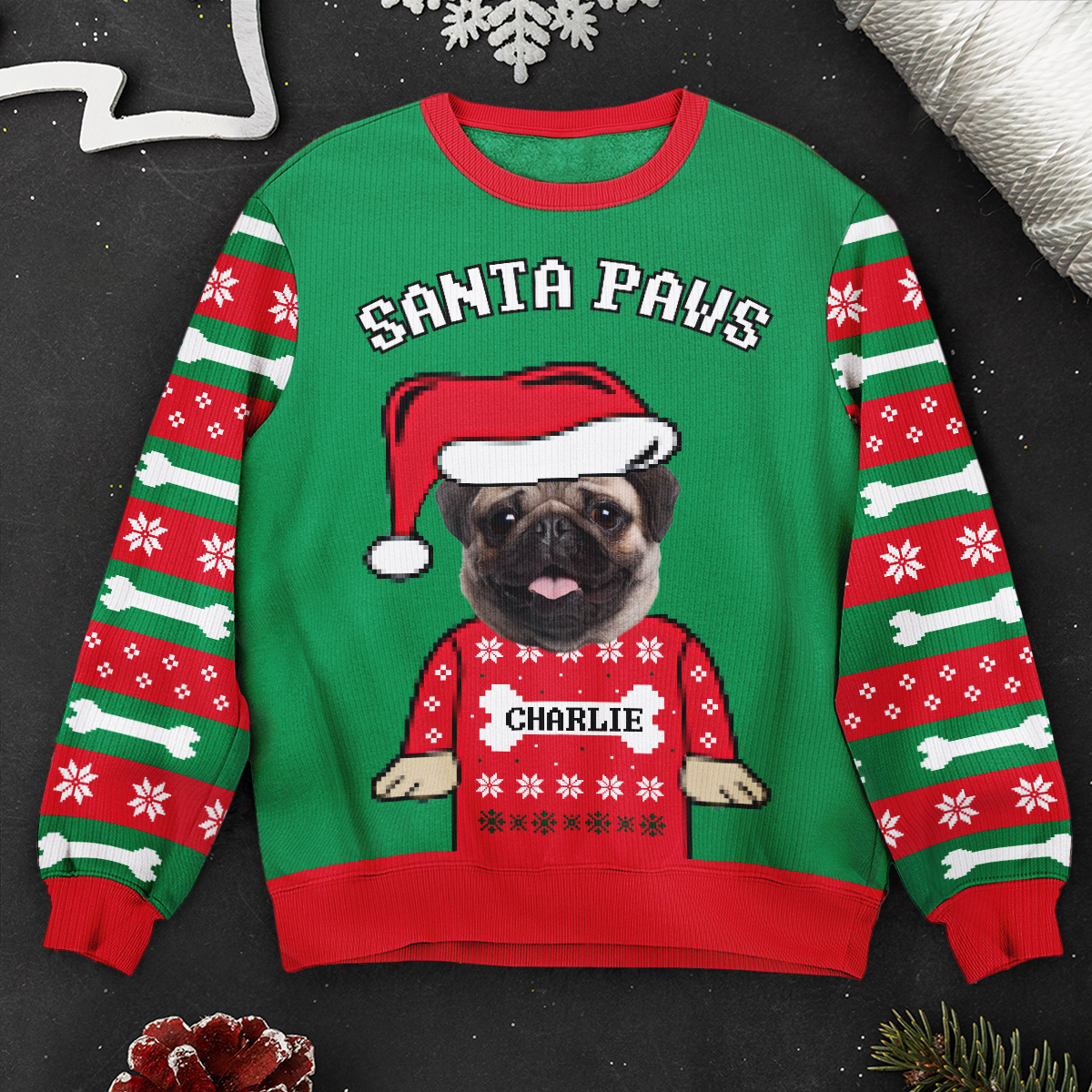 Santa Paws Dog Lovers Custom Face - Personalized Photo Ugly Sweater