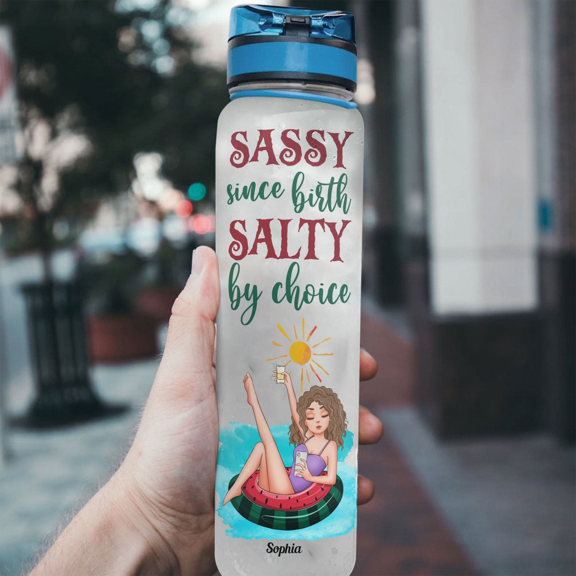 Sassy Since Birth Salty By Choice - Personalized Tracker Bottle - Birthday Summer Gift For Beach Lovers, Besties, Sisters, Daughters, Girlfriends